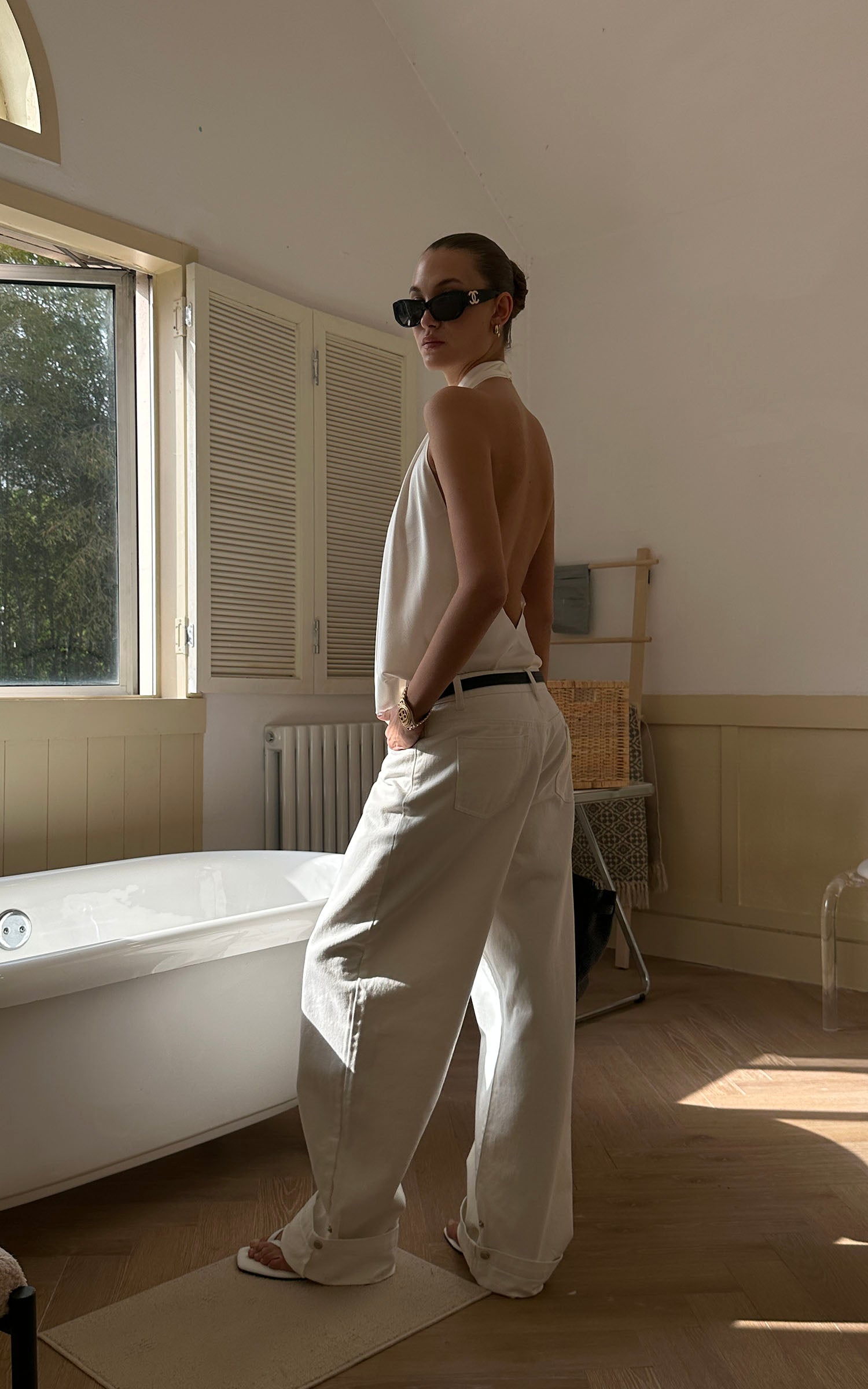 0122stepll ローライズワイドレッグフロアジーンズ