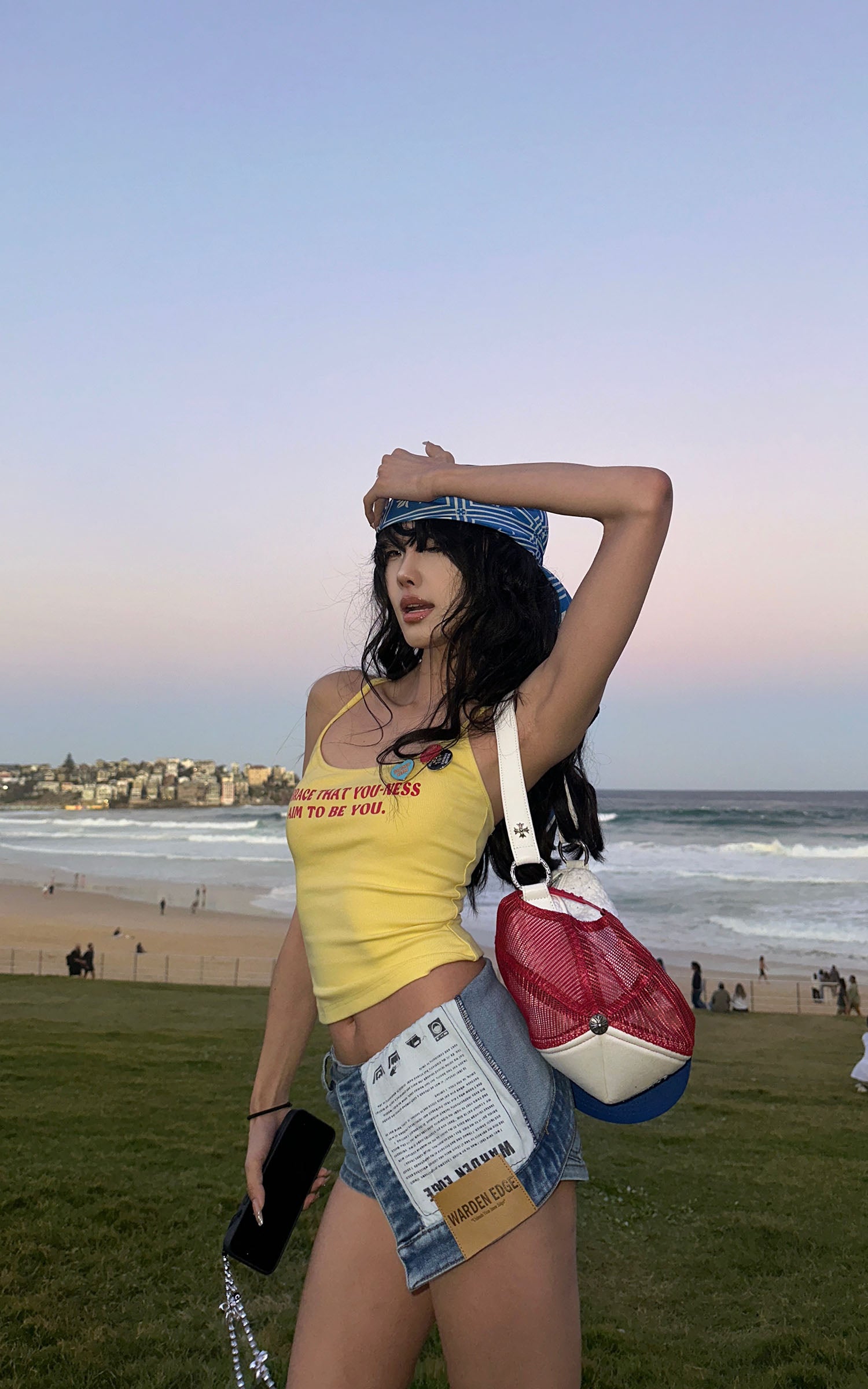 WARDEN EDGE Asymmetric Denim Shorts with Patch Print Detail - PINKPARKS