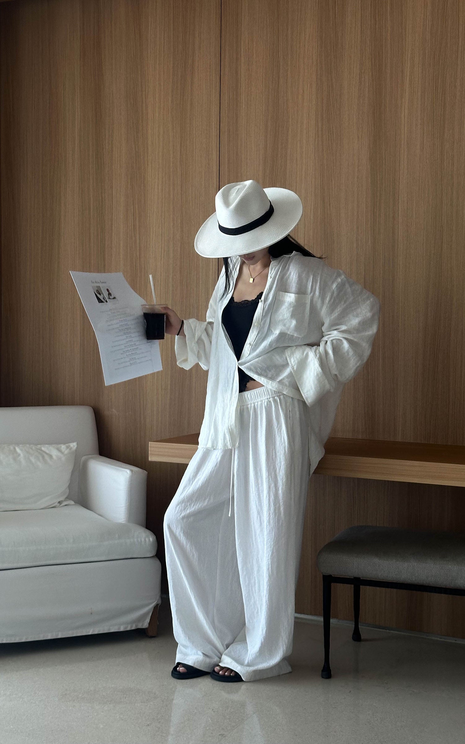 ROVENTE White Linen Wide-Leg Pants with Elastic Waist - PINKPARKS