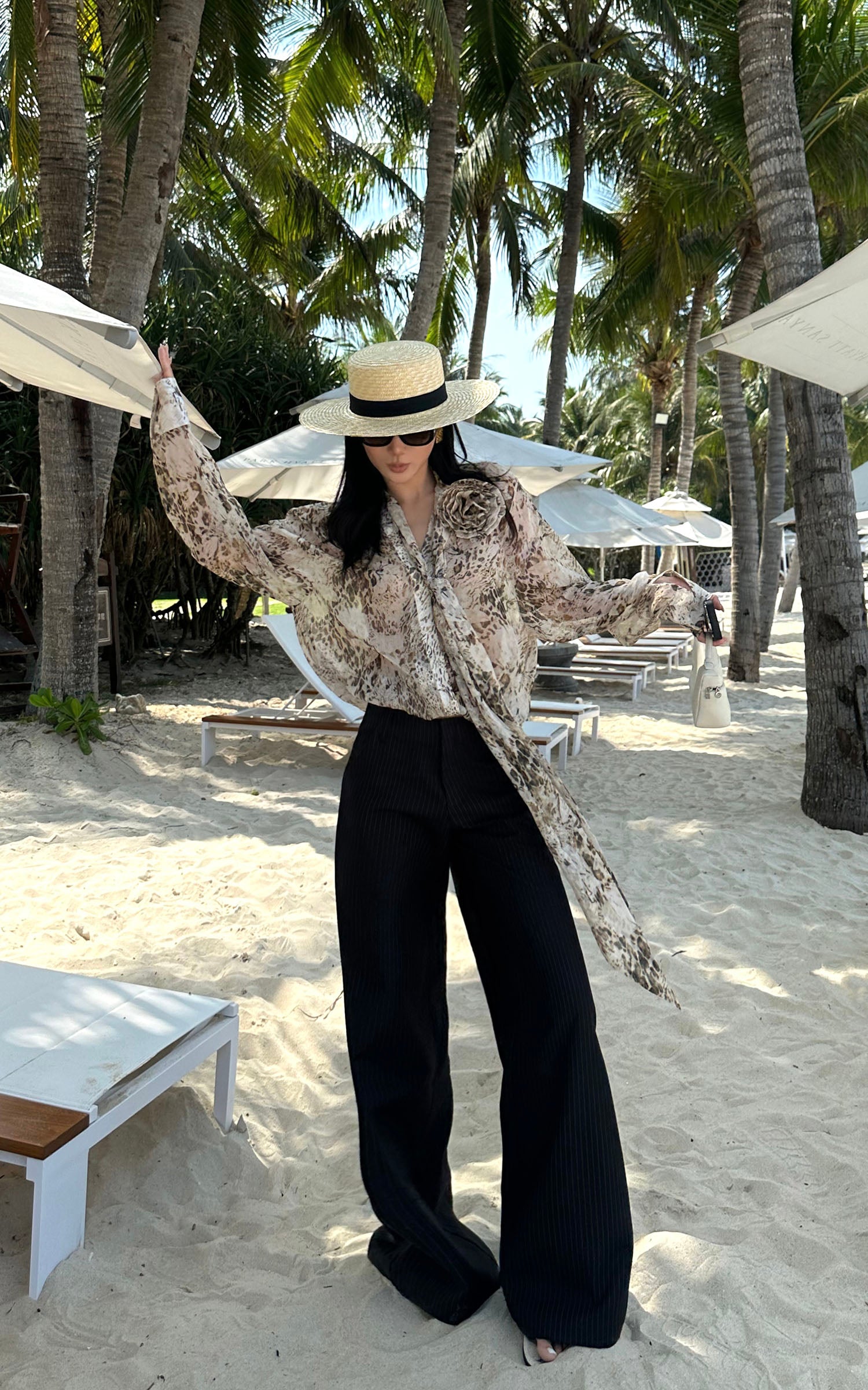 ROVENTE Sheer Leopard Blouse with Draped Tie & Rosette - PINKPARKS