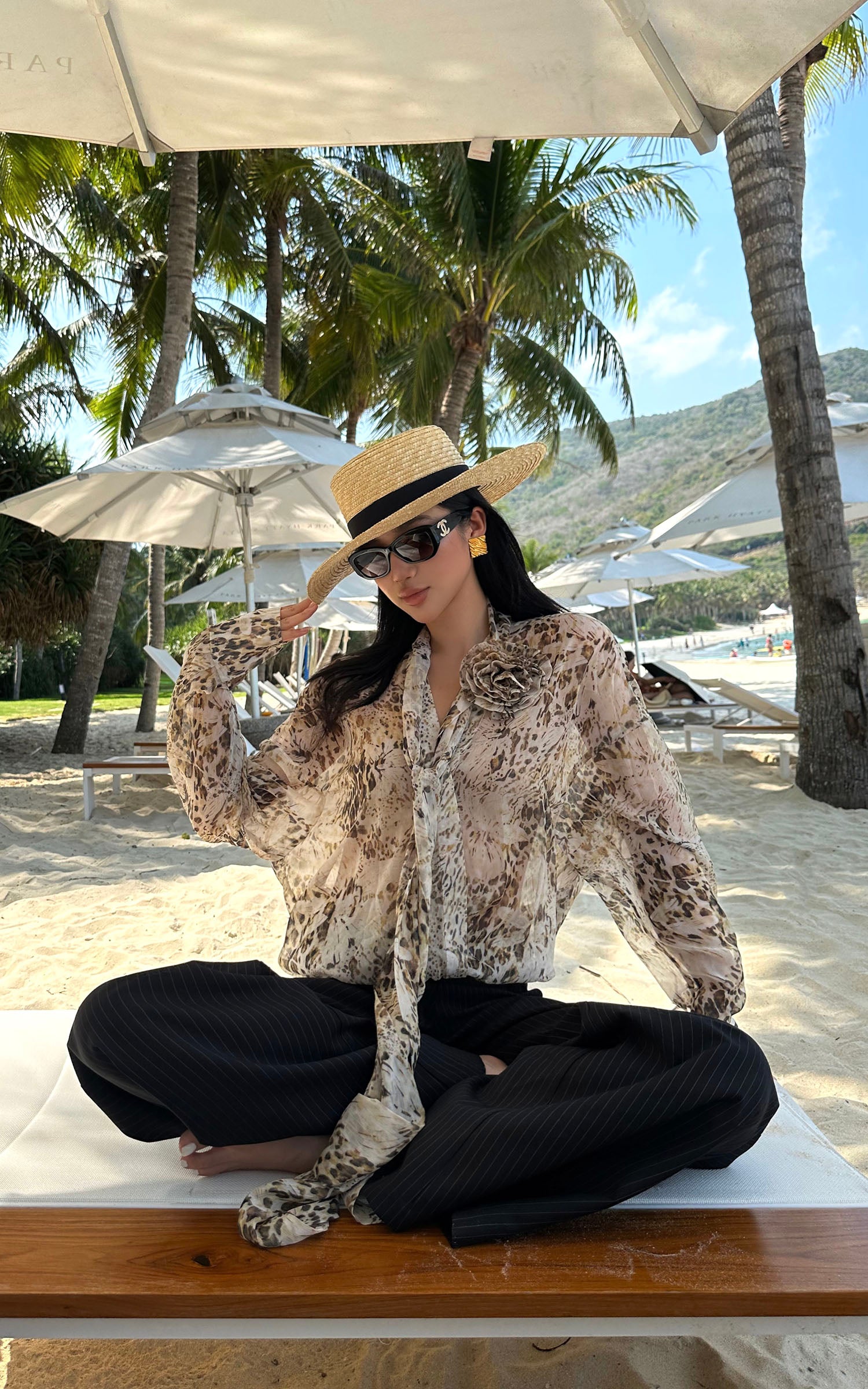 ROVENTE Sheer Leopard Blouse with Draped Tie & Rosette - PINKPARKS