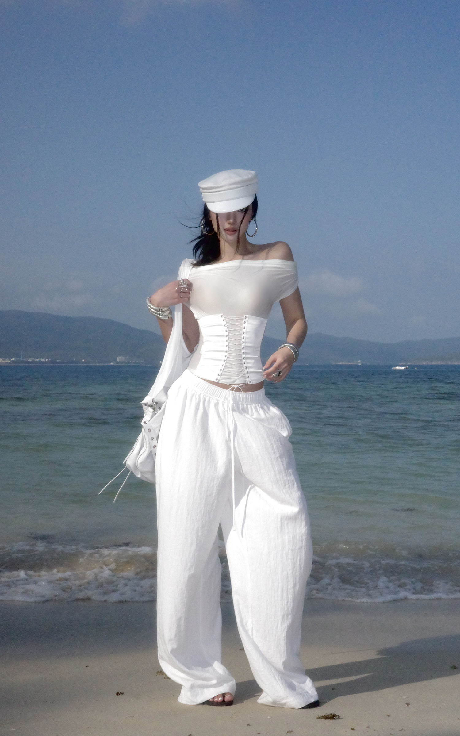 ROVENTE White Linen Wide-Leg Pants with Elastic Waist - PINKPARKS