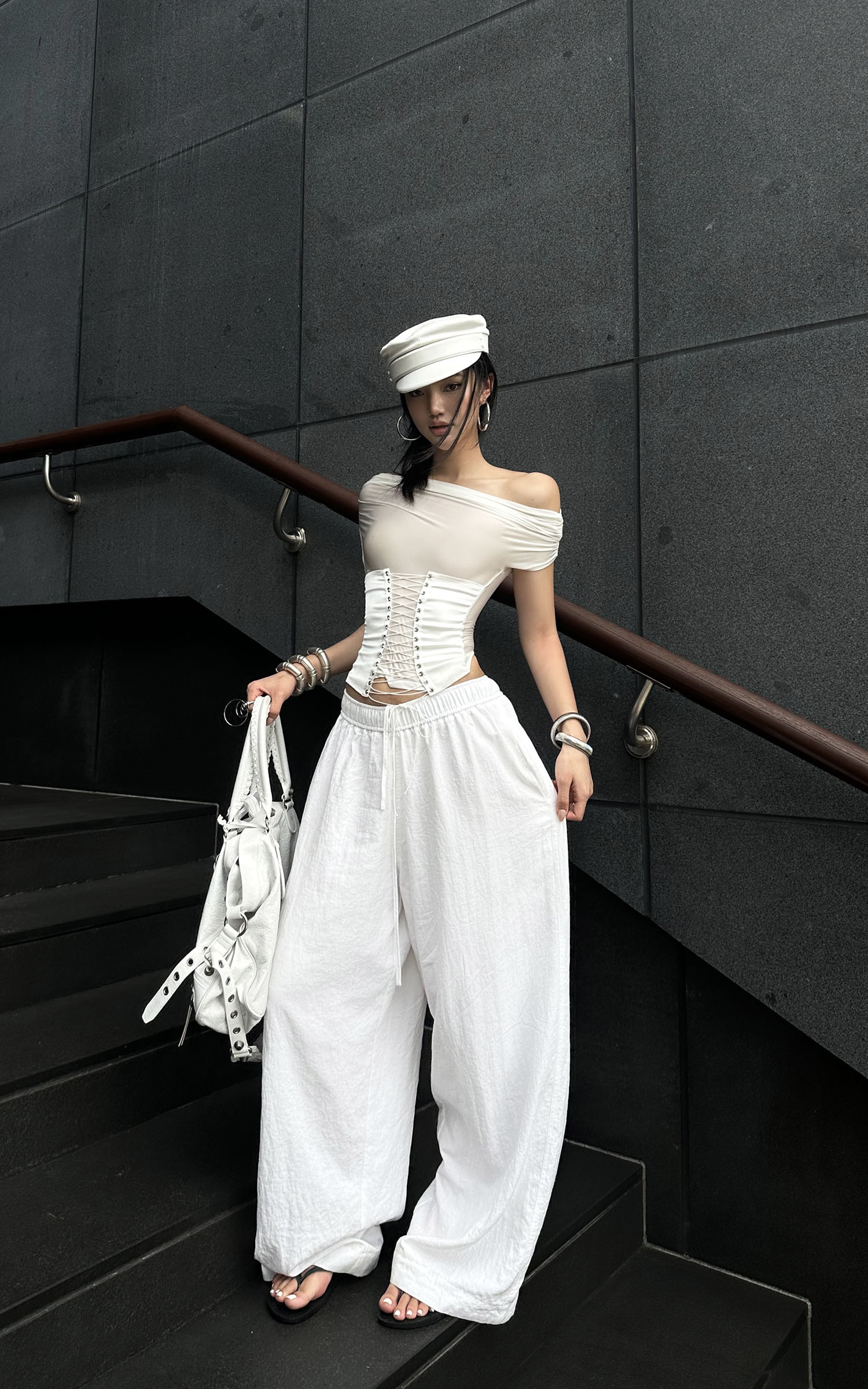 ROVENTE White Linen Wide-Leg Pants with Elastic Waist - PINKPARKS
