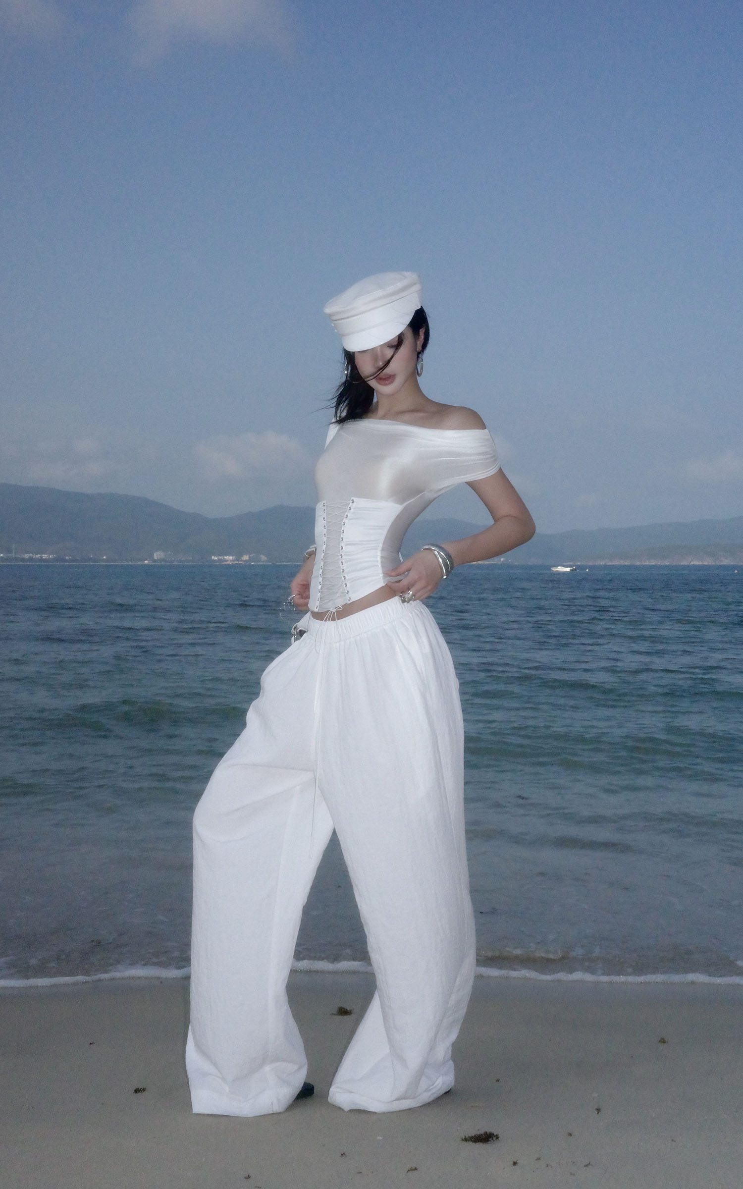 ROVENTE White Linen Wide-Leg Pants with Elastic Waist - PINKPARKS