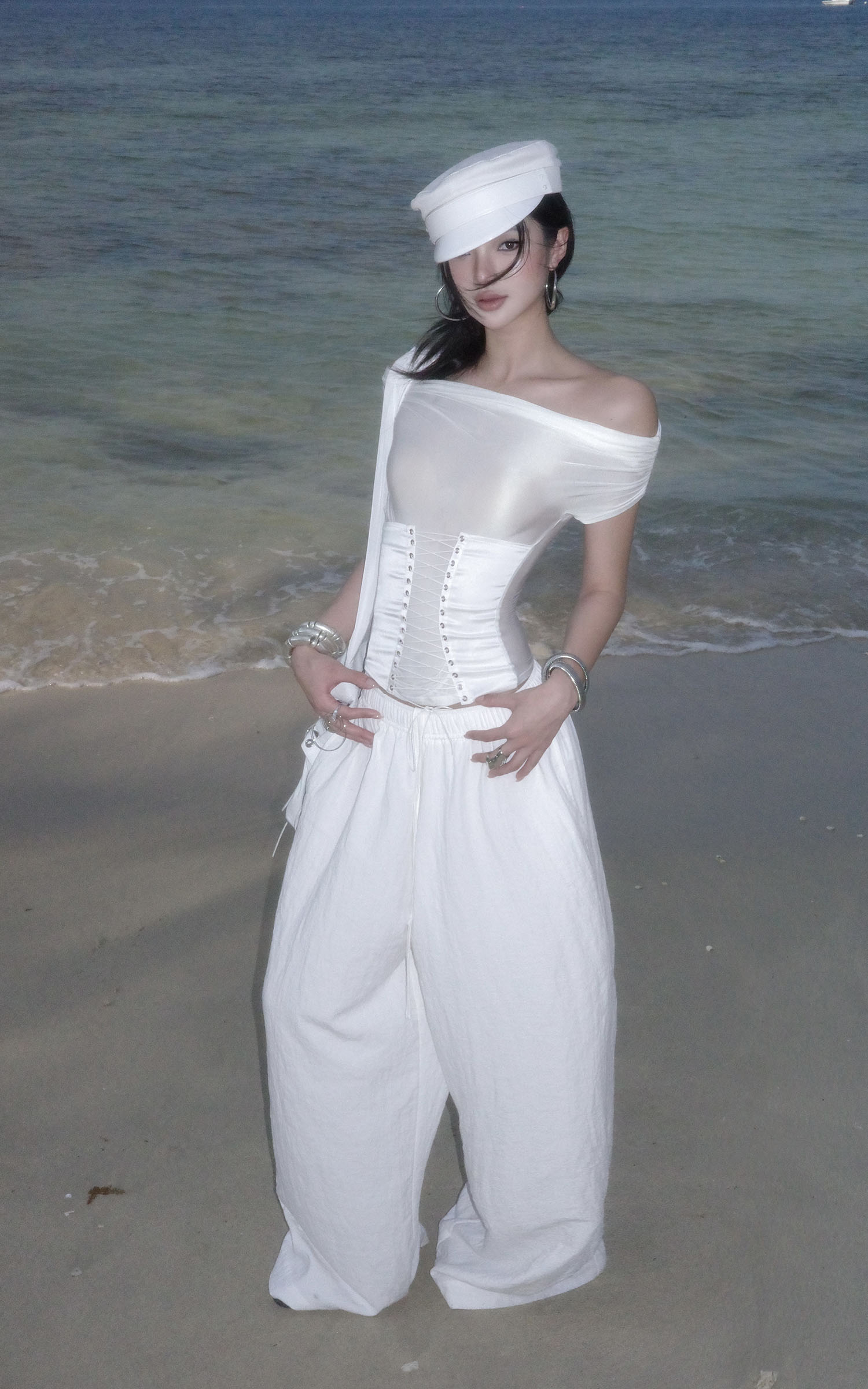 ROVENTE White Linen Wide-Leg Pants with Elastic Waist - PINKPARKS