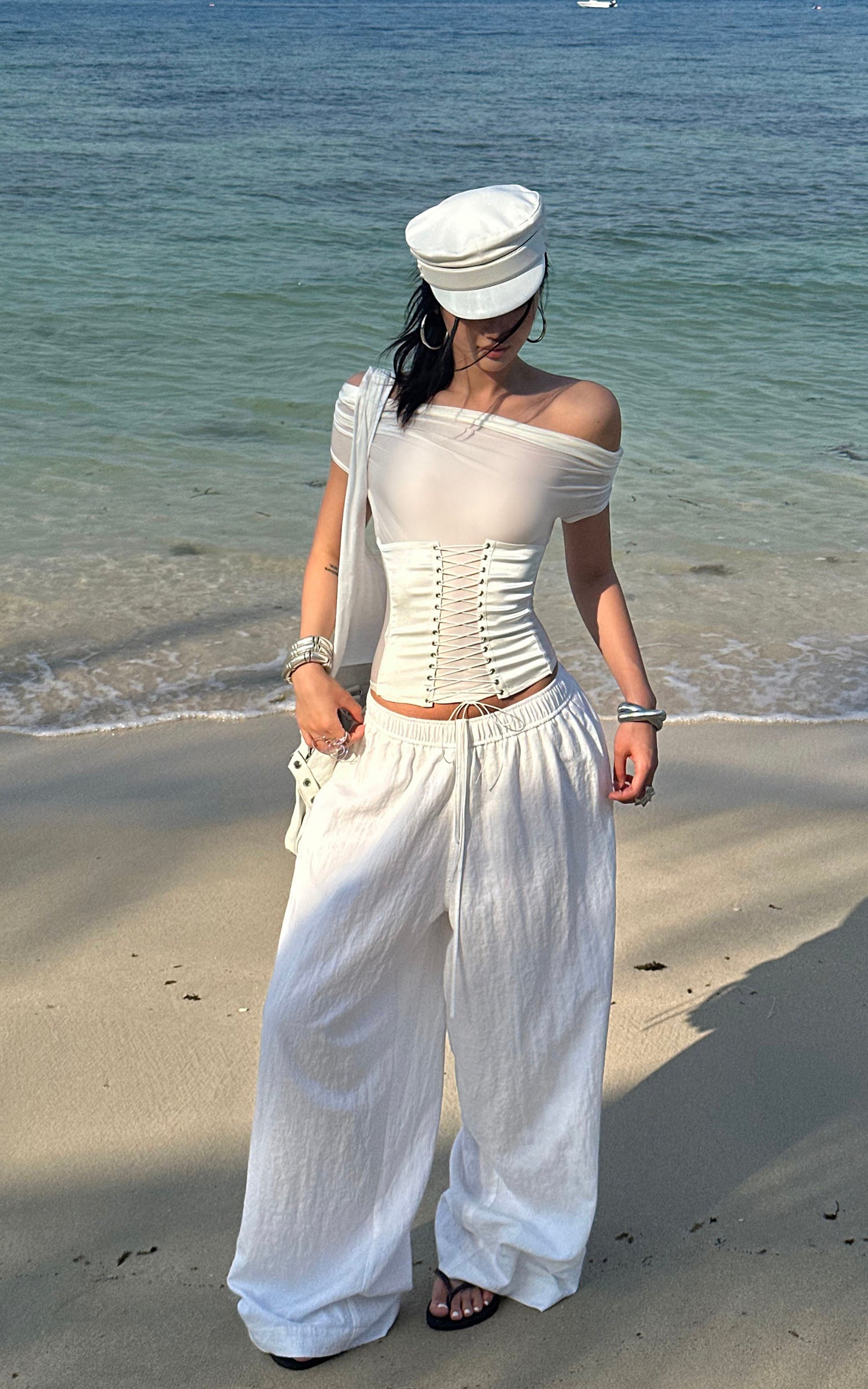 ROVENTE White Linen Wide-Leg Pants with Elastic Waist - PINKPARKS
