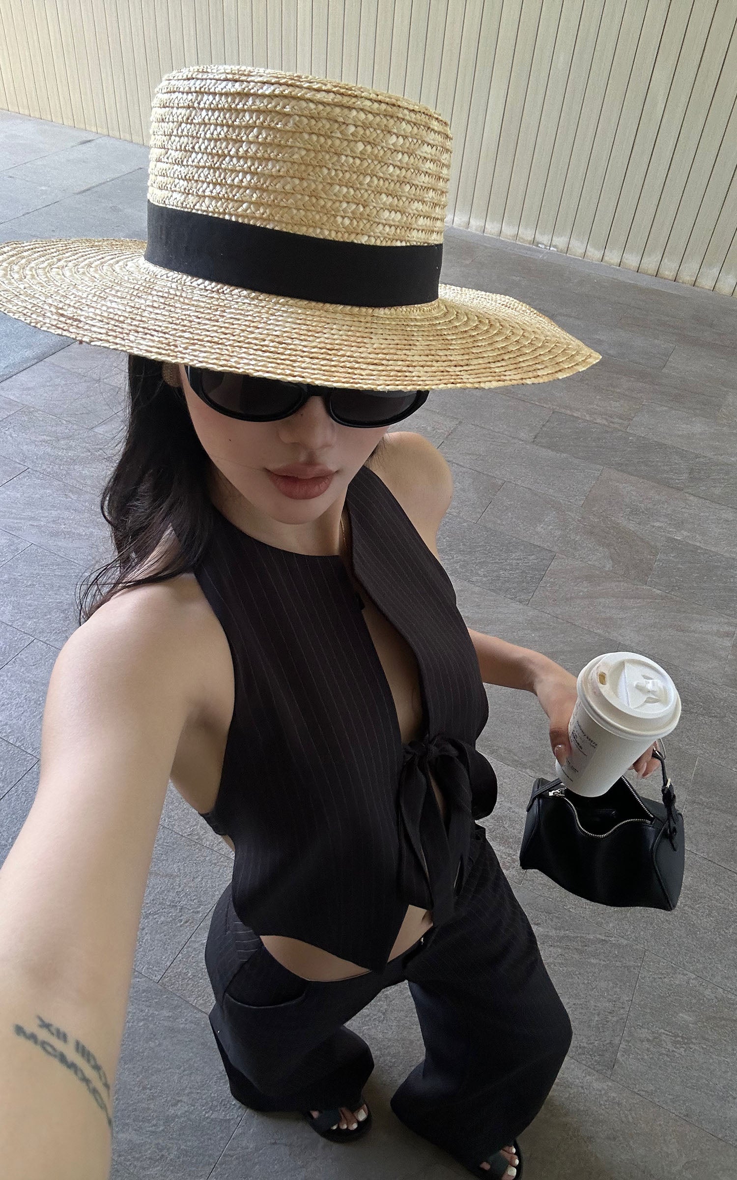 ROVENTE Backless Pinstripe Halter Vest with Front Tie in Black - PINKPARKS