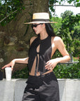 ROVENTE Backless Pinstripe Halter Vest with Front Tie in Black - PINKPARKS