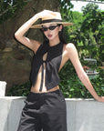 ROVENTE Backless Pinstripe Halter Vest with Front Tie in Black - PINKPARKS
