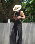 ROVENTE Backless Pinstripe Halter Vest with Front Tie in Black - PINKPARKS