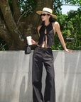 ROVENTE Backless Pinstripe Halter Vest with Front Tie in Black - PINKPARKS