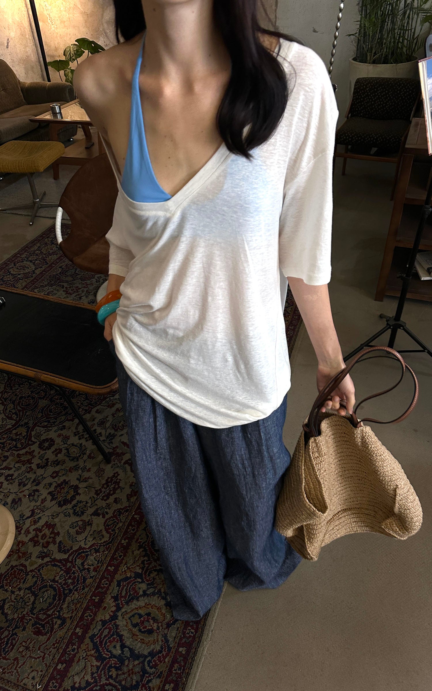 0122stepll Vネックリラックスショートスリーブトップ