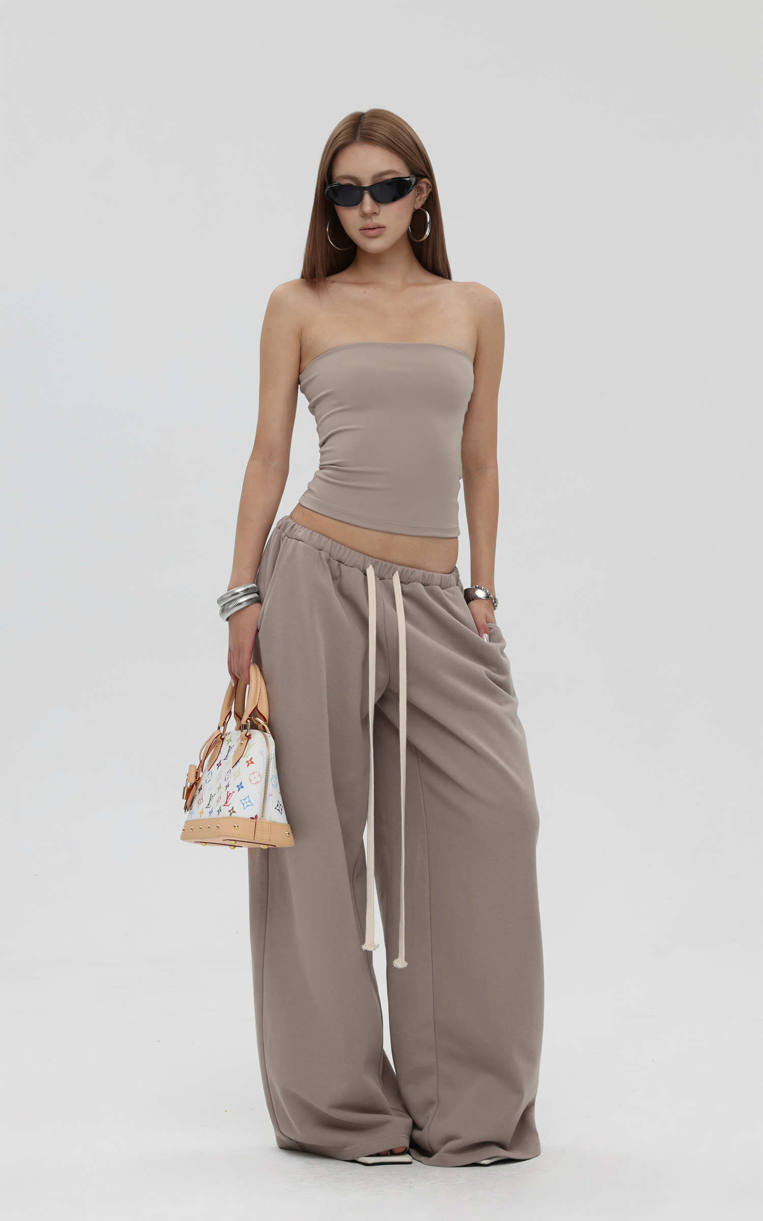 IAMXIAA ストラップレスチューブトップ＆ワイドレッグスウェットパンツセット カジュアルストリートウェア 2点セット