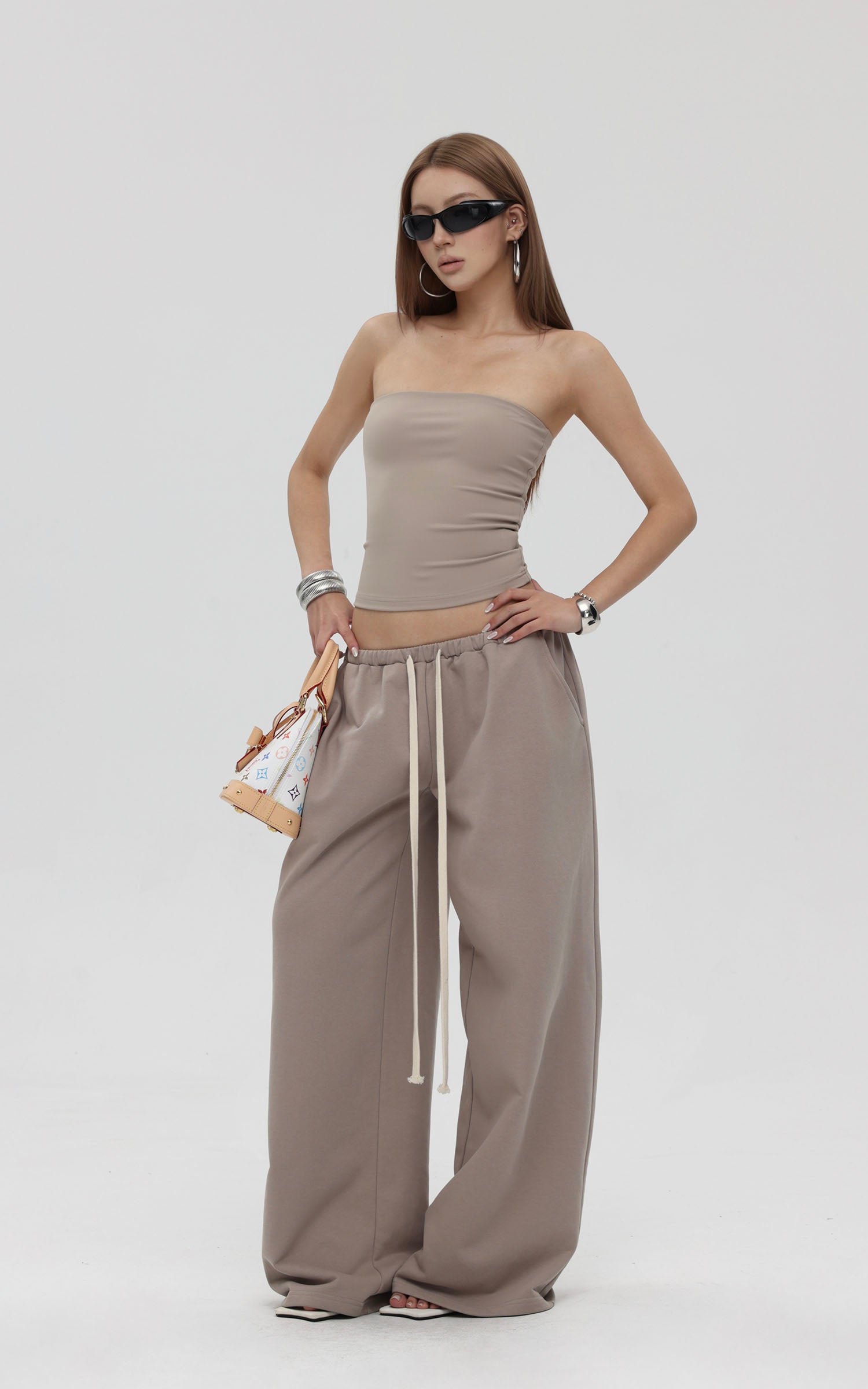 IAMXIAA ストラップレスチューブトップ＆ワイドレッグスウェットパンツセット カジュアルストリートウェア 2点セット