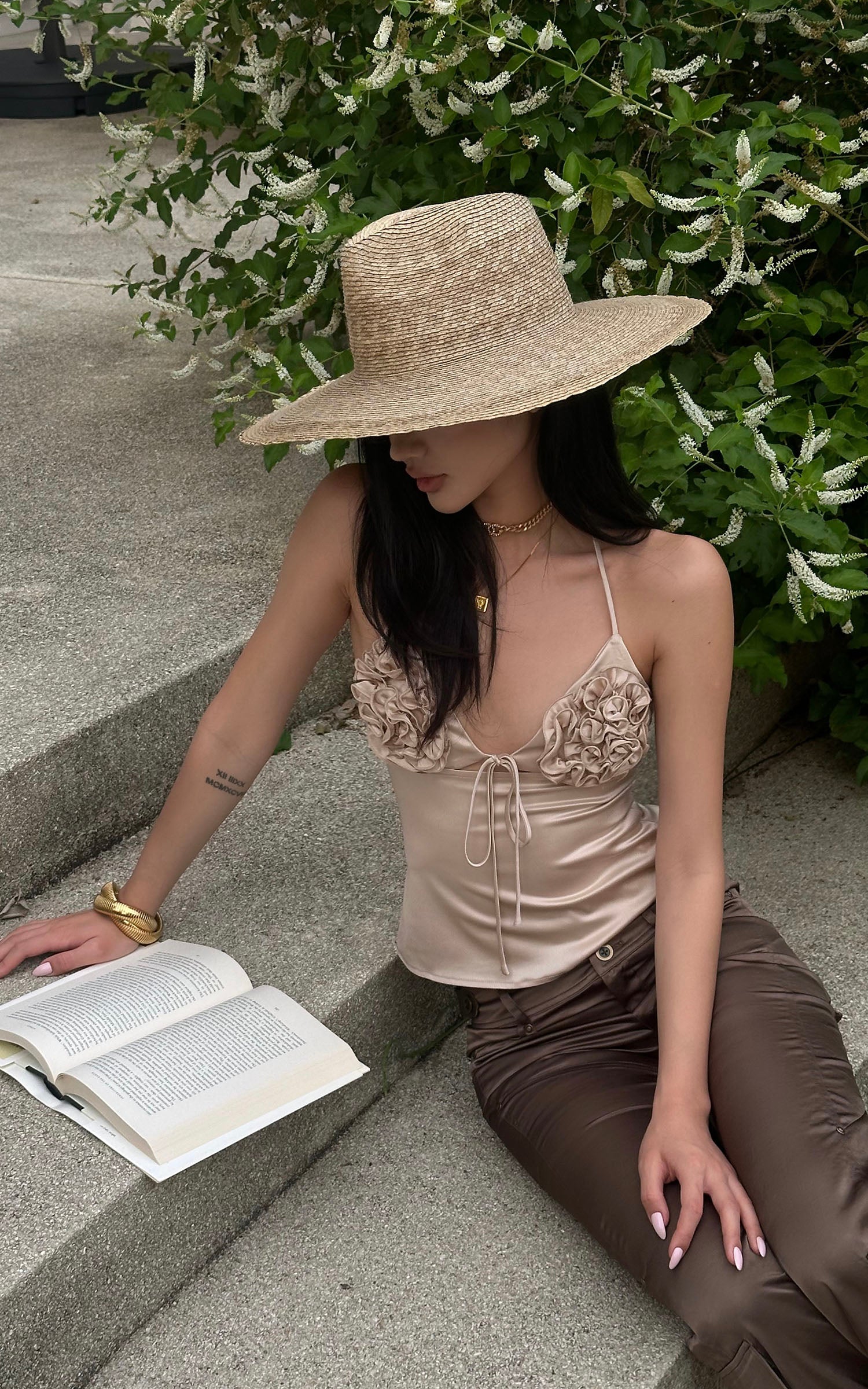 ROVENTE Rosette Detail Satin Camisole with Adjustable Straps - PINKPARKS