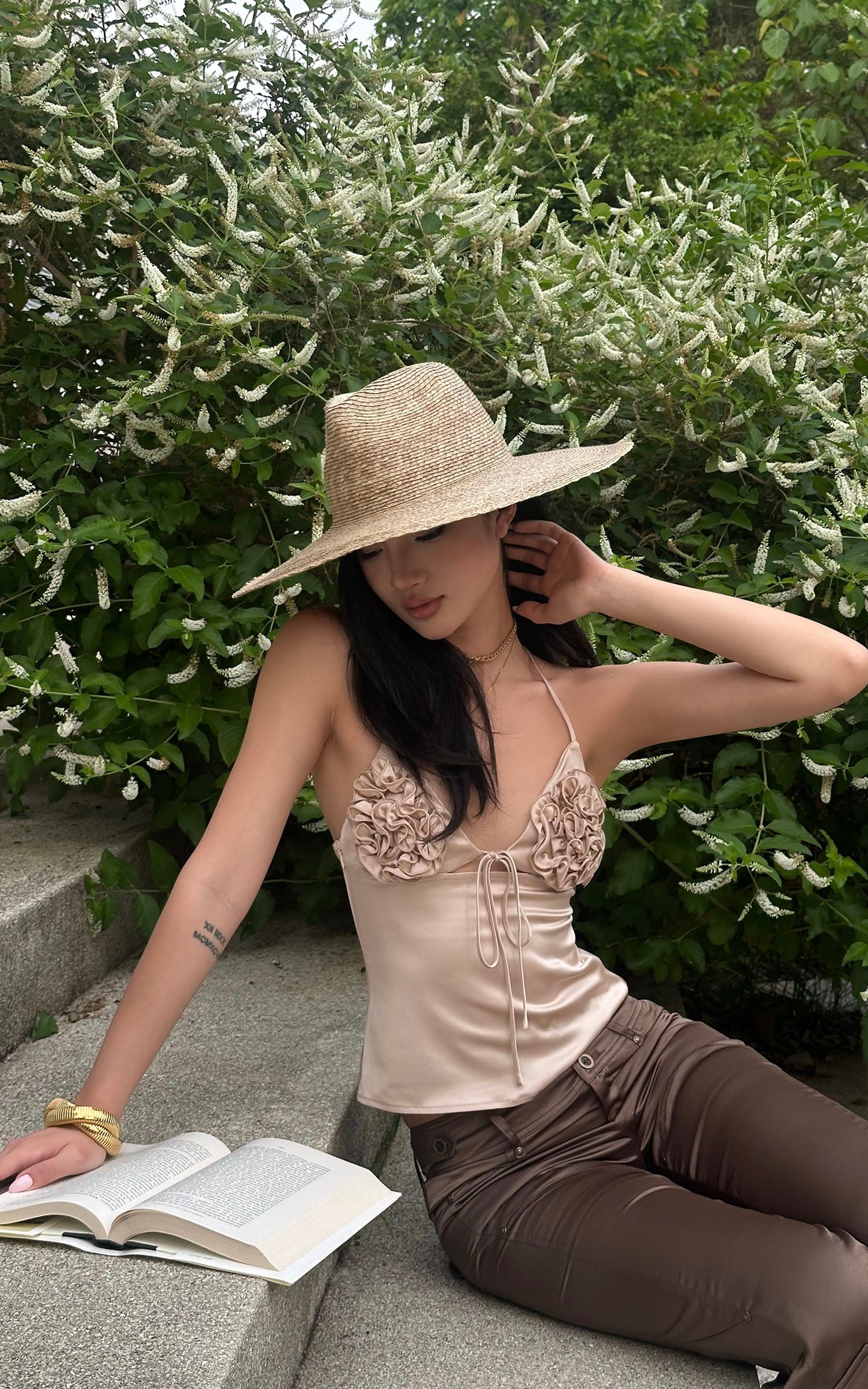 ROVENTE Rosette Detail Satin Camisole with Adjustable Straps - PINKPARKS