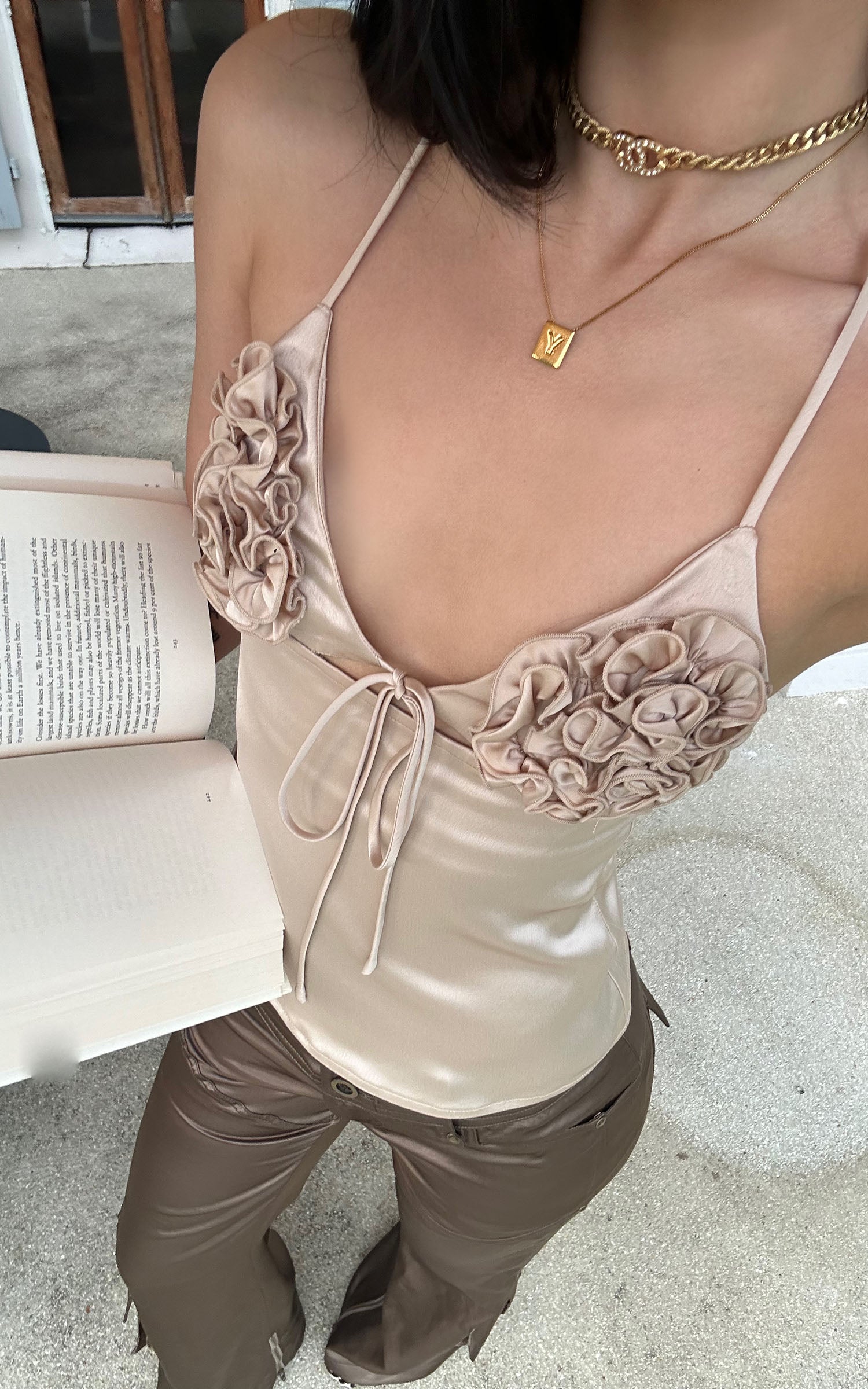 ROVENTE Rosette Detail Satin Camisole with Adjustable Straps - PINKPARKS