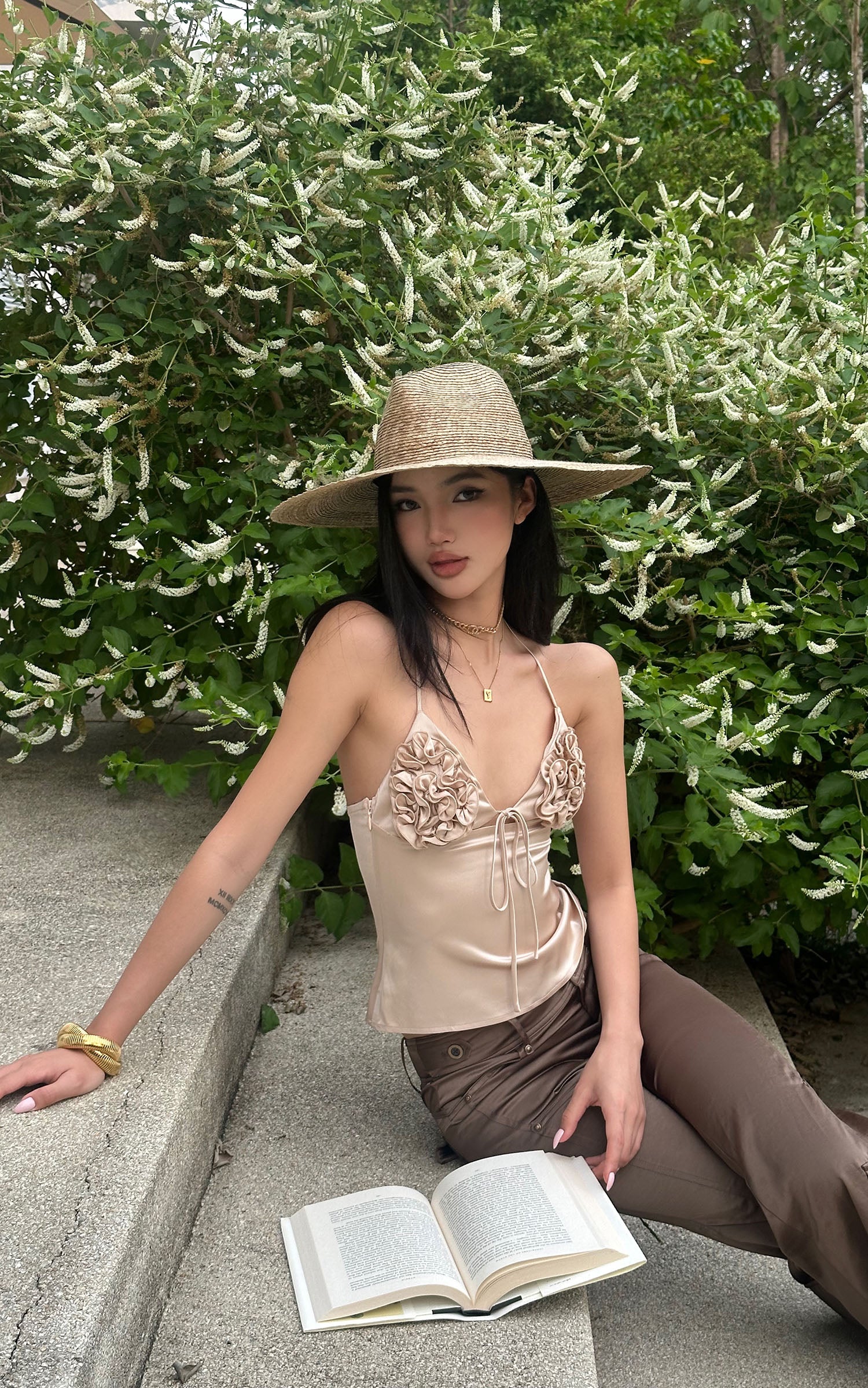 ROVENTE Rosette Detail Satin Camisole with Adjustable Straps - PINKPARKS