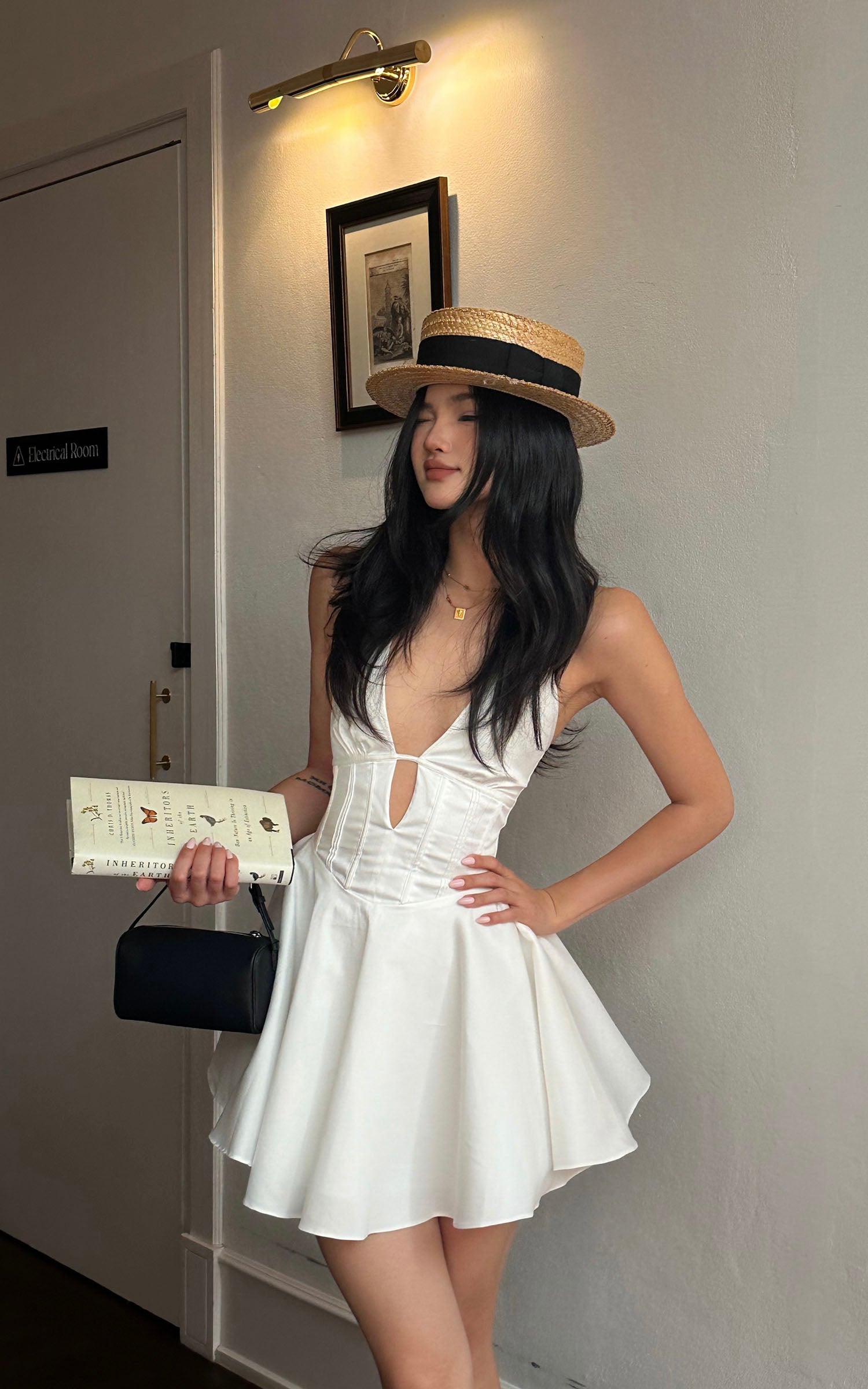 ROVENTE Deep V Halter Mini Dress with Flared Skirt - PINKPARKS