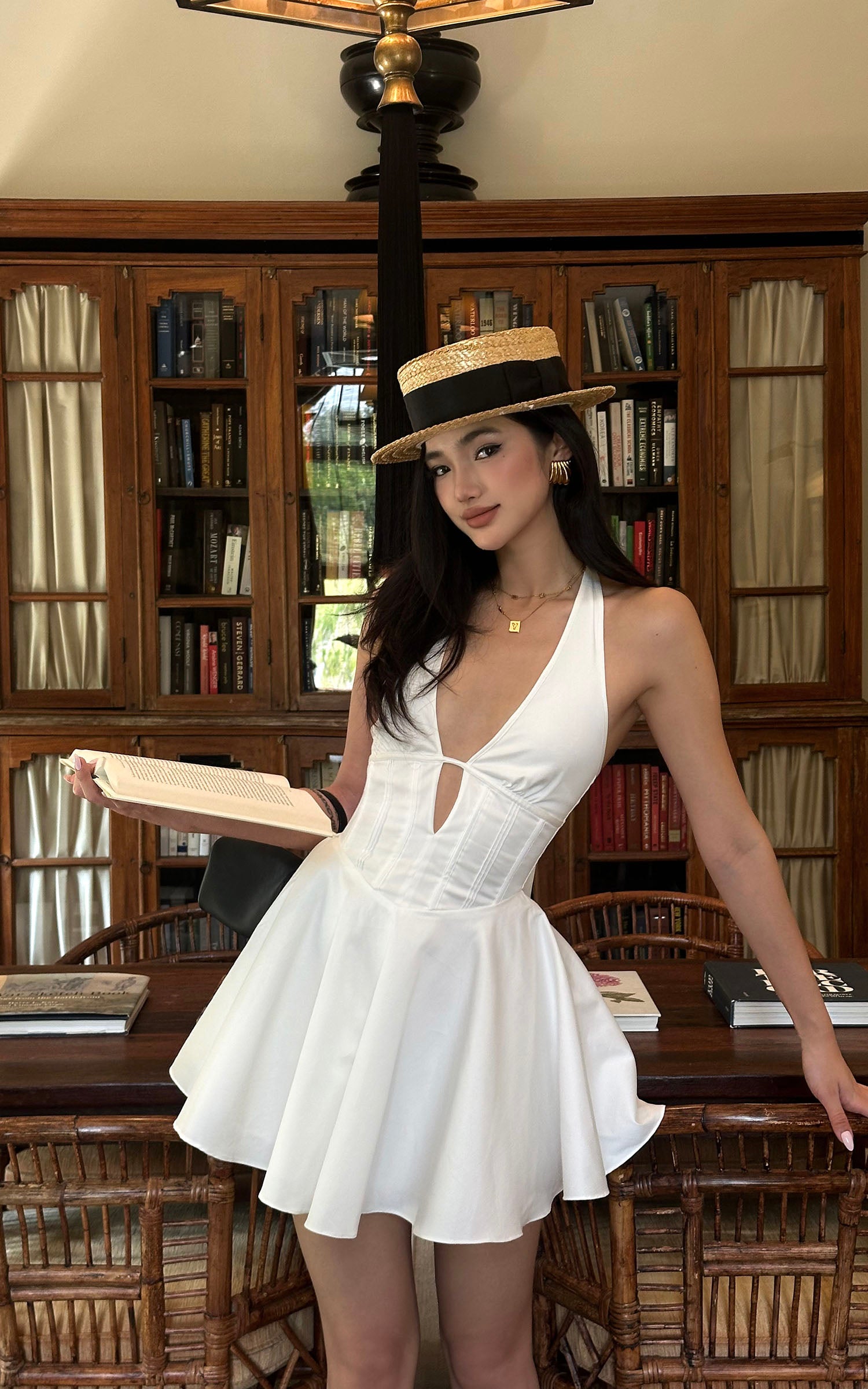 ROVENTE Deep V Halter Mini Dress with Flared Skirt - PINKPARKS