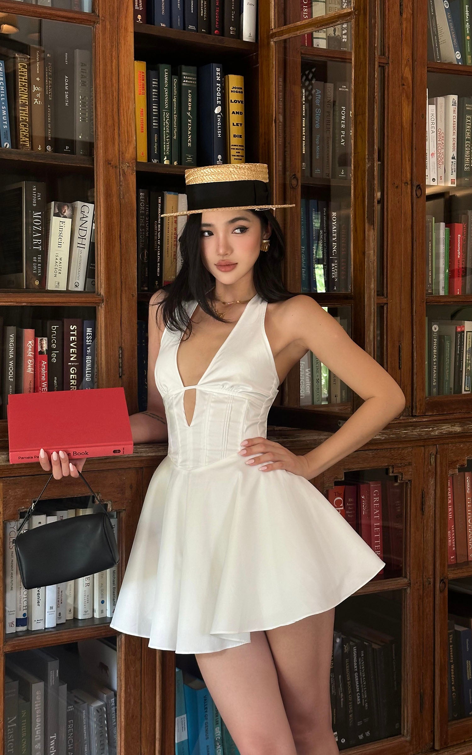 ROVENTE Deep V Halter Mini Dress with Flared Skirt - PINKPARKS