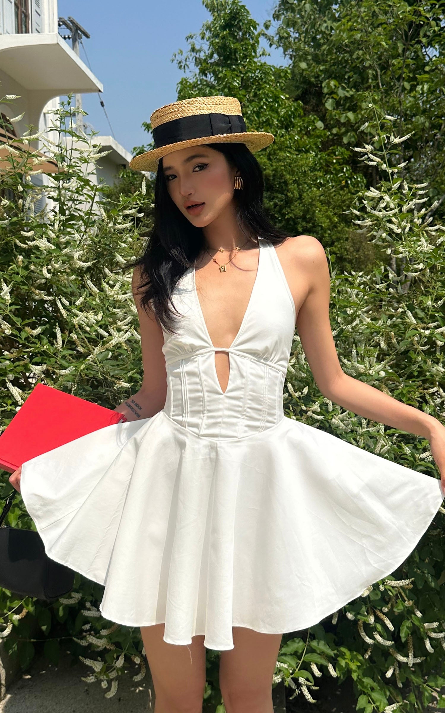 ROVENTE Deep V Halter Mini Dress with Flared Skirt - PINKPARKS