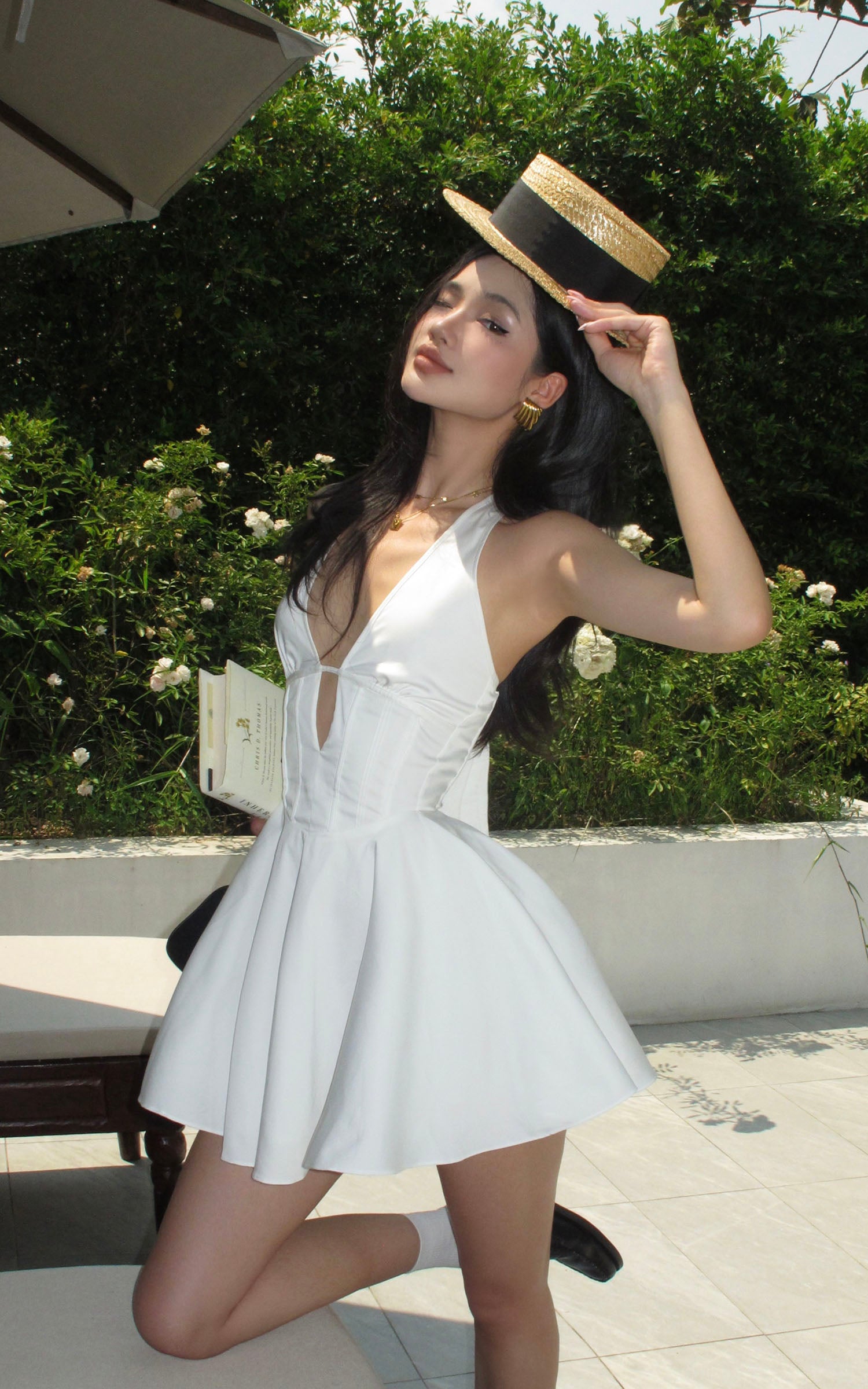 ROVENTE Deep V Halter Mini Dress with Flared Skirt - PINKPARKS