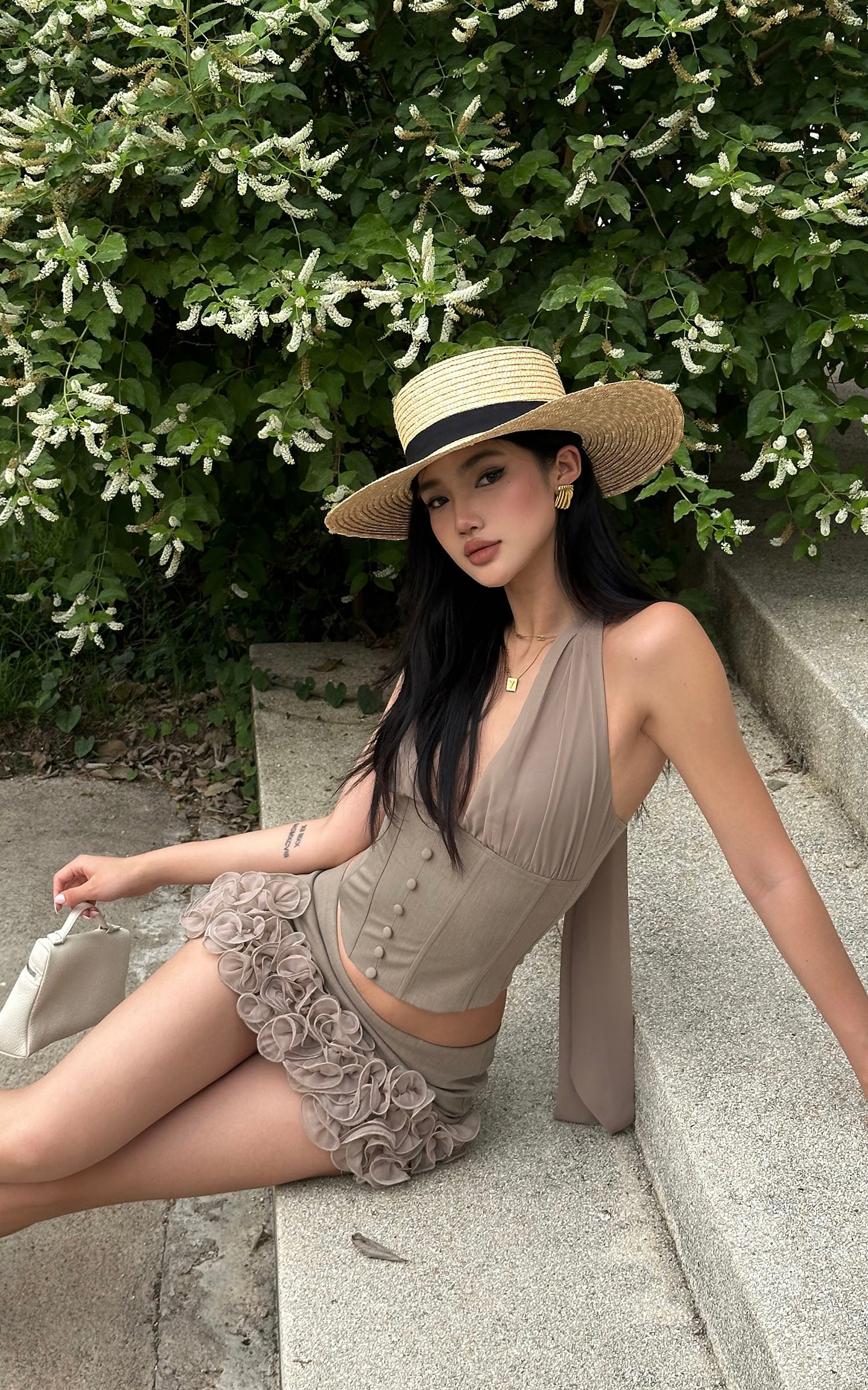 ROVENTE Rosette Trim Mini Skirt Set with Halter Corset Top - PINKPARKS