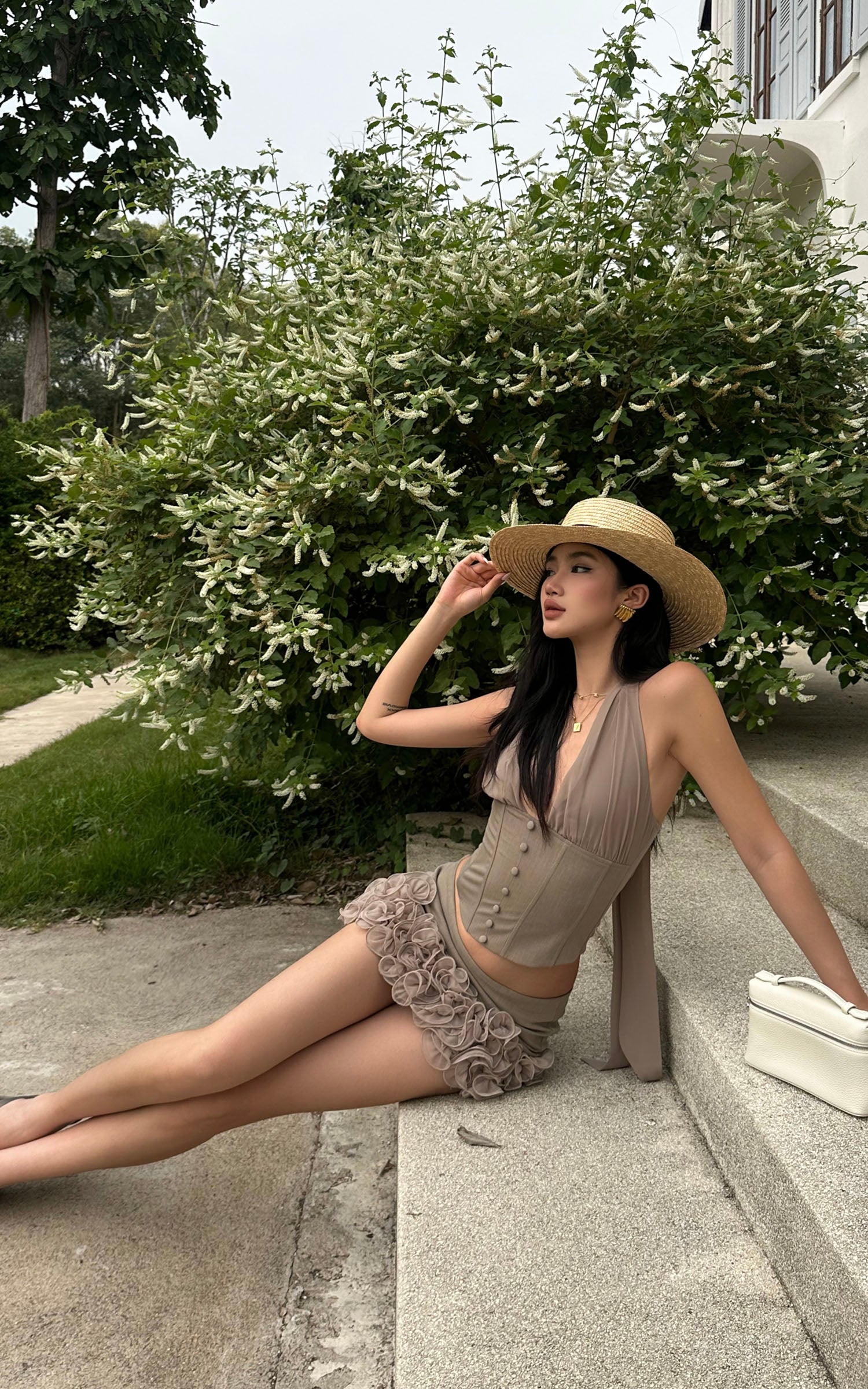 ROVENTE Rosette Trim Mini Skirt Set with Halter Corset Top - PINKPARKS