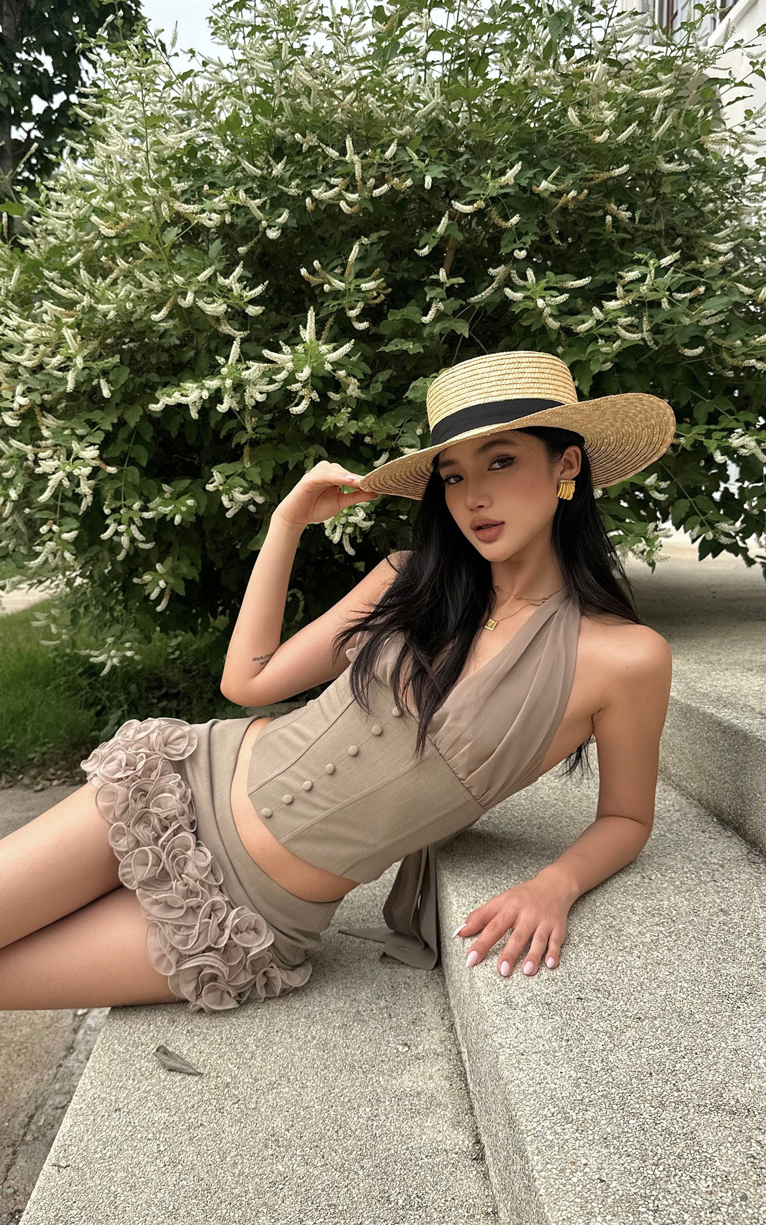 ROVENTE Rosette Trim Mini Skirt Set with Halter Corset Top - PINKPARKS