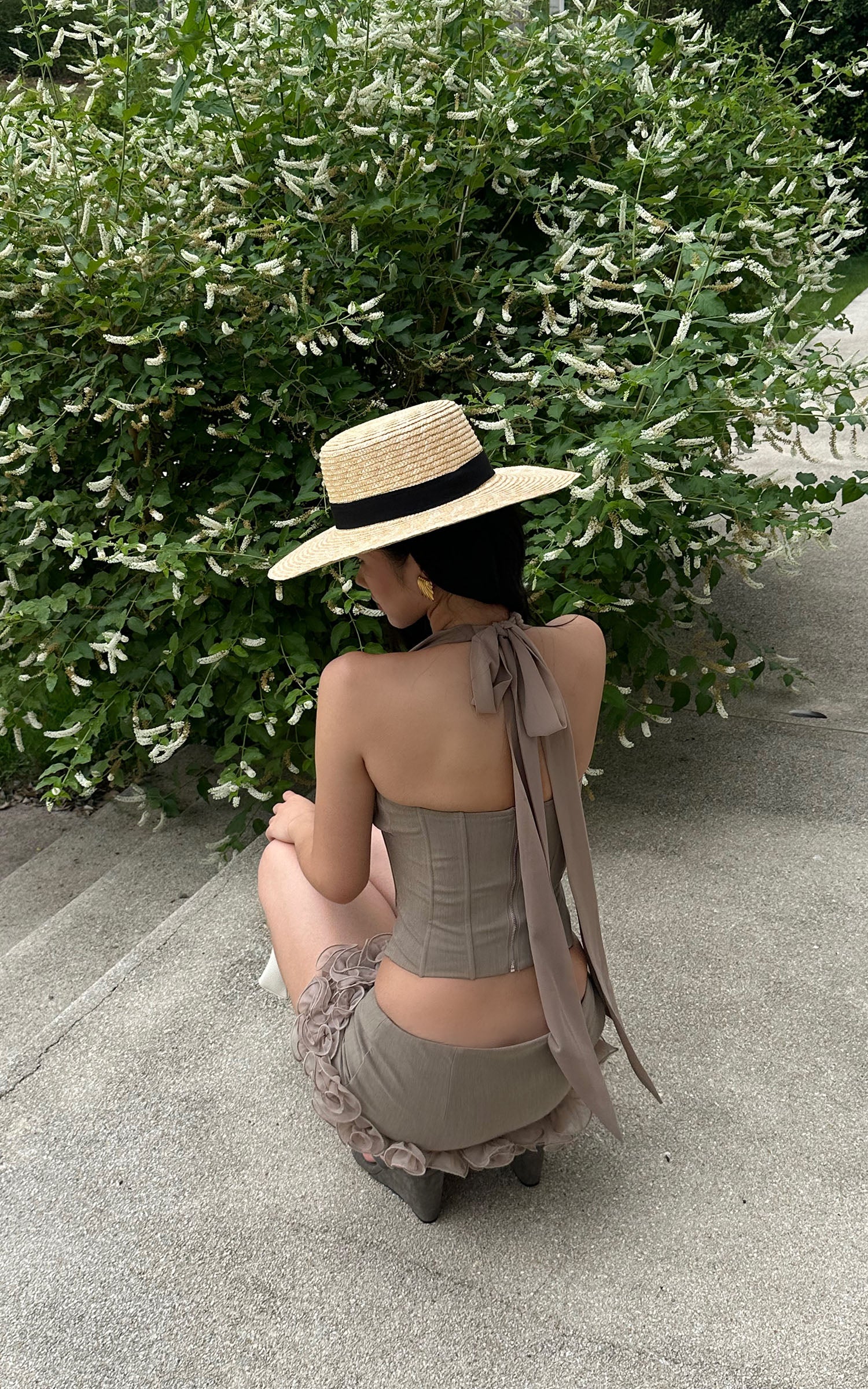 ROVENTE Rosette Trim Mini Skirt Set with Halter Corset Top - PINKPARKS