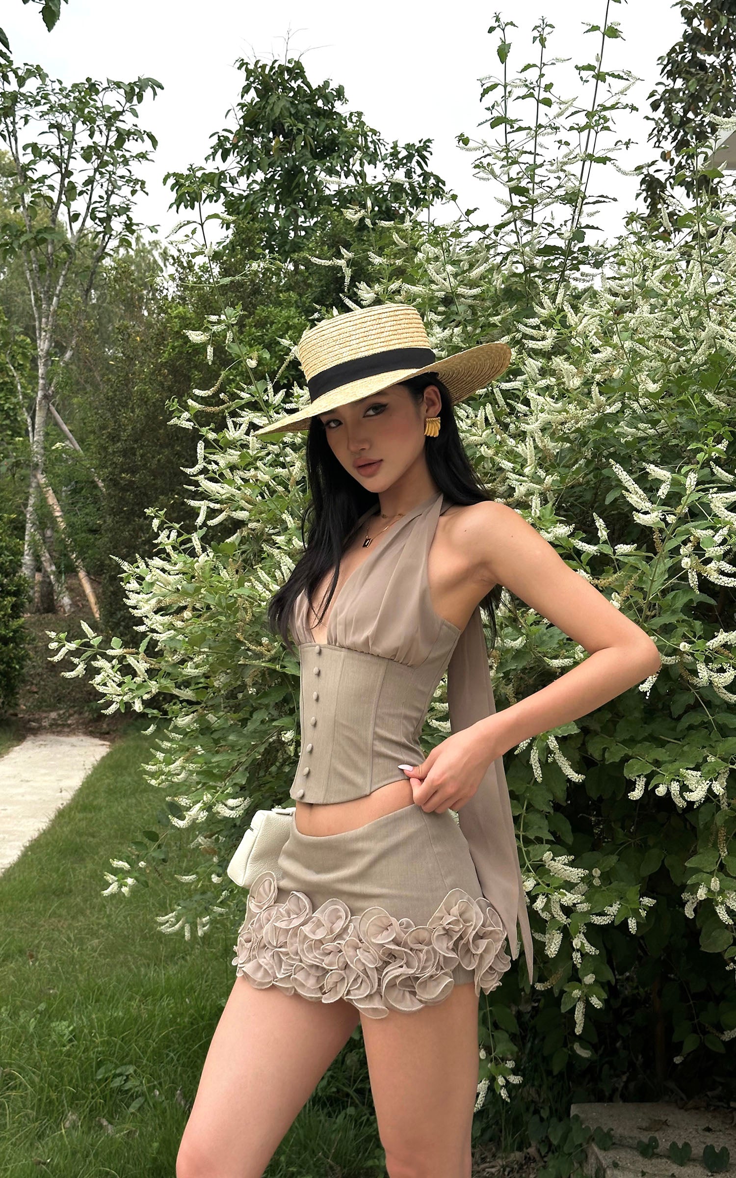 ROVENTE Rosette Trim Mini Skirt Set with Halter Corset Top - PINKPARKS