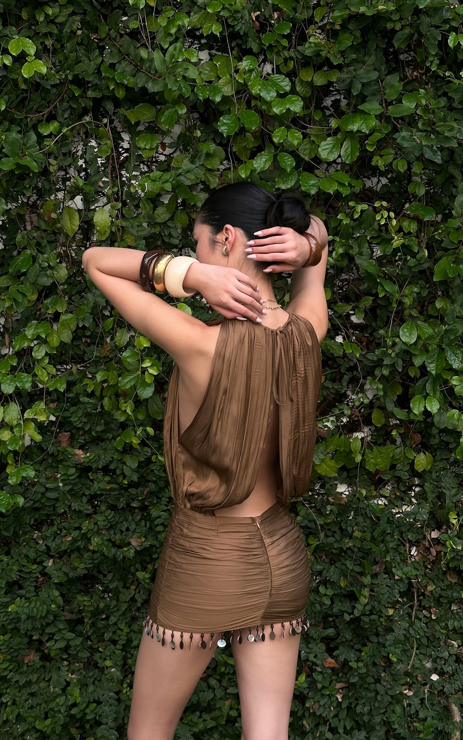 ROVENTE Draped Beaded Hem Mini Dress - PINKPARKS