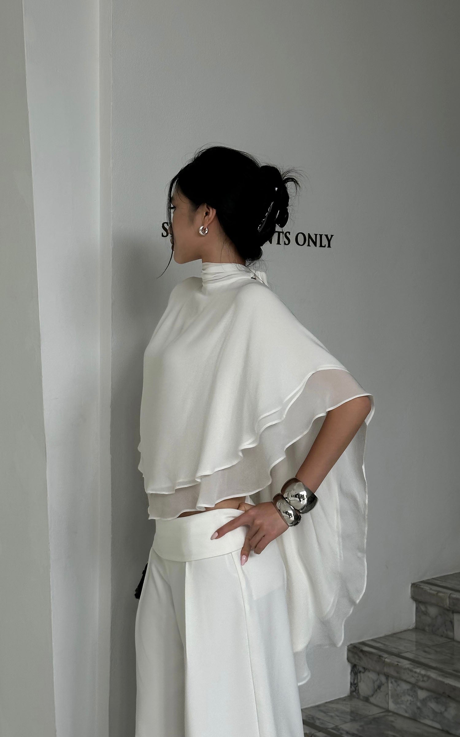 ROVENTE Draped Layered Cape Blouse - PINKPARKS