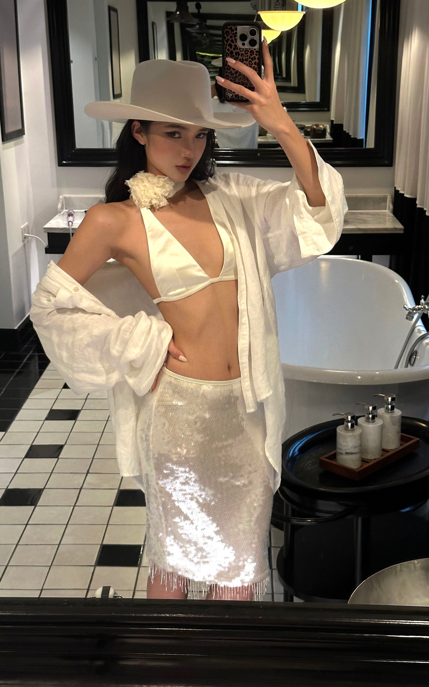 ROVENTE Satin Strap Top &amp; Sequin Skirt Set - PINKPARKS