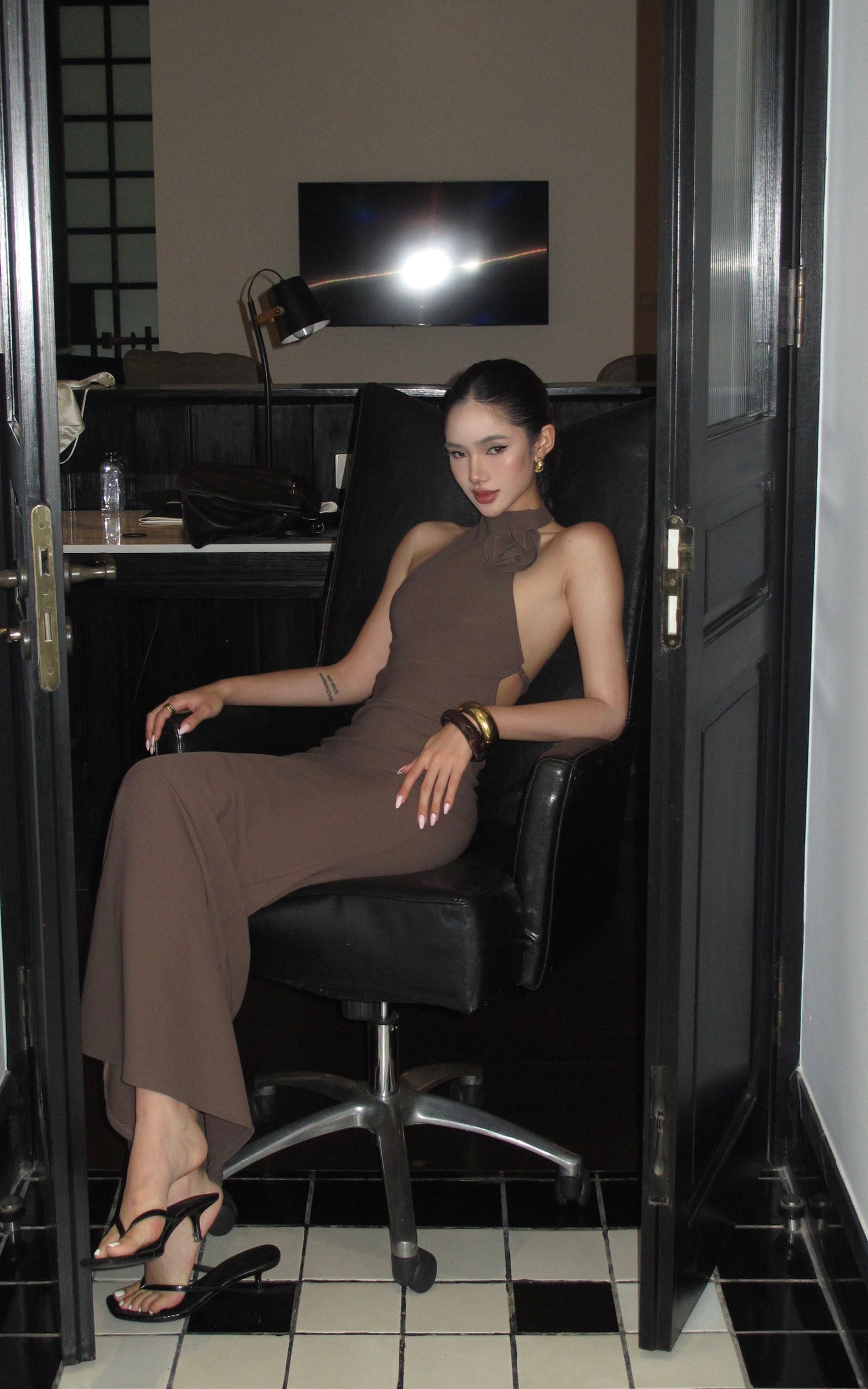 ROVENTE Cutout Halter Gown with Rosette Detail - PINKPARKS