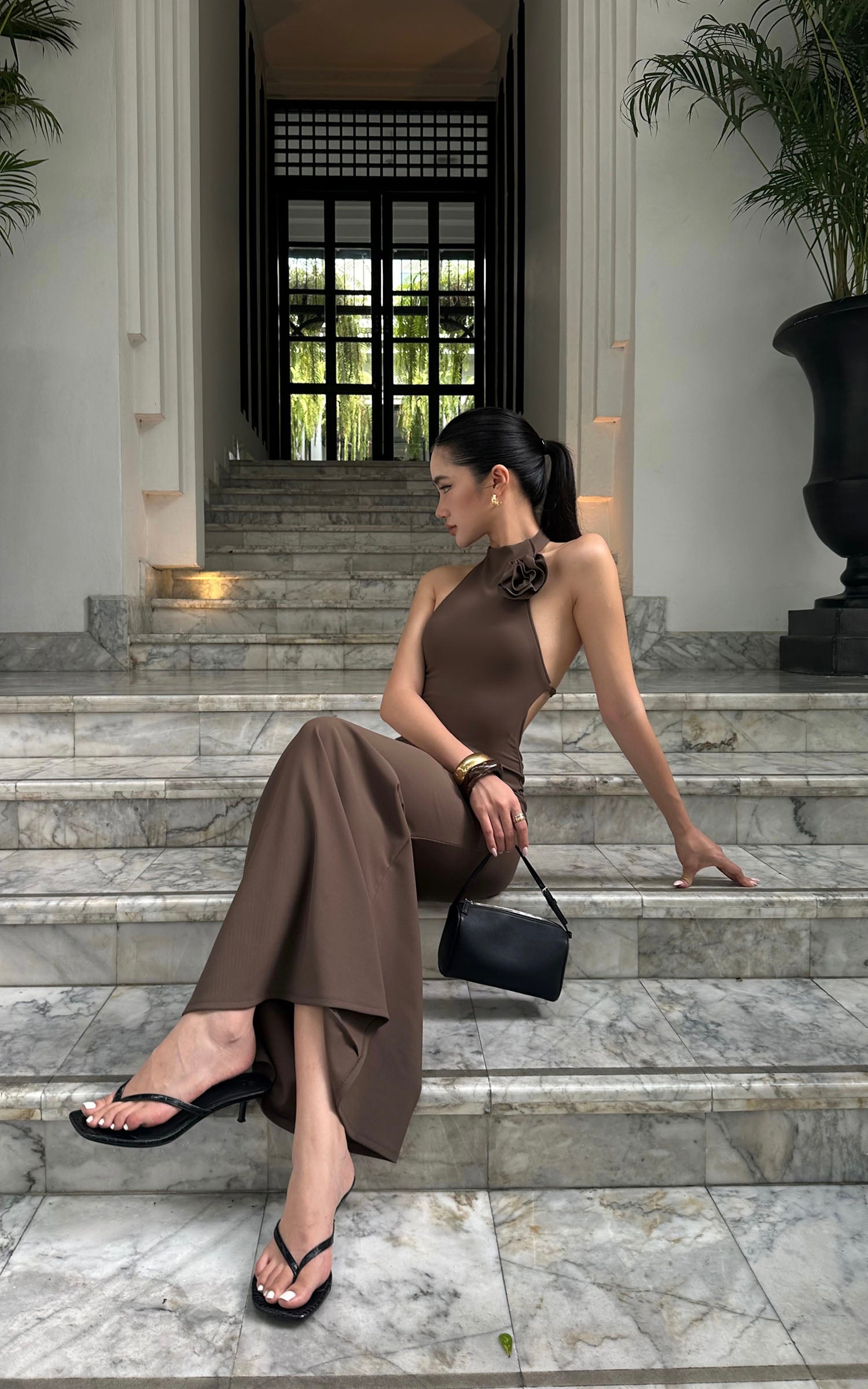 ROVENTE Cutout Halter Gown with Rosette Detail - PINKPARKS