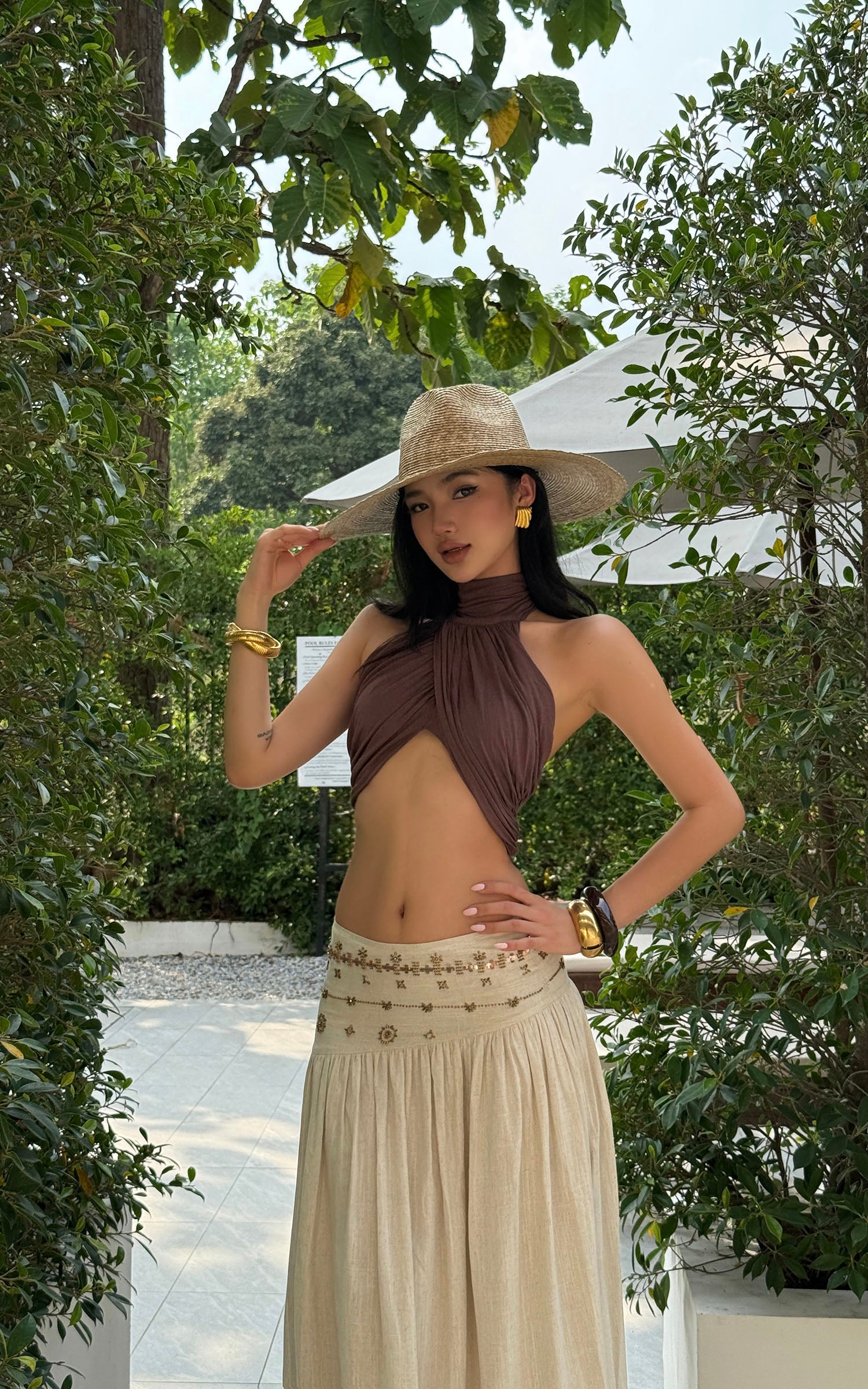 ROVENTE Cross-Drape Halter Top with High Neck Twist Detail - PINKPARKS