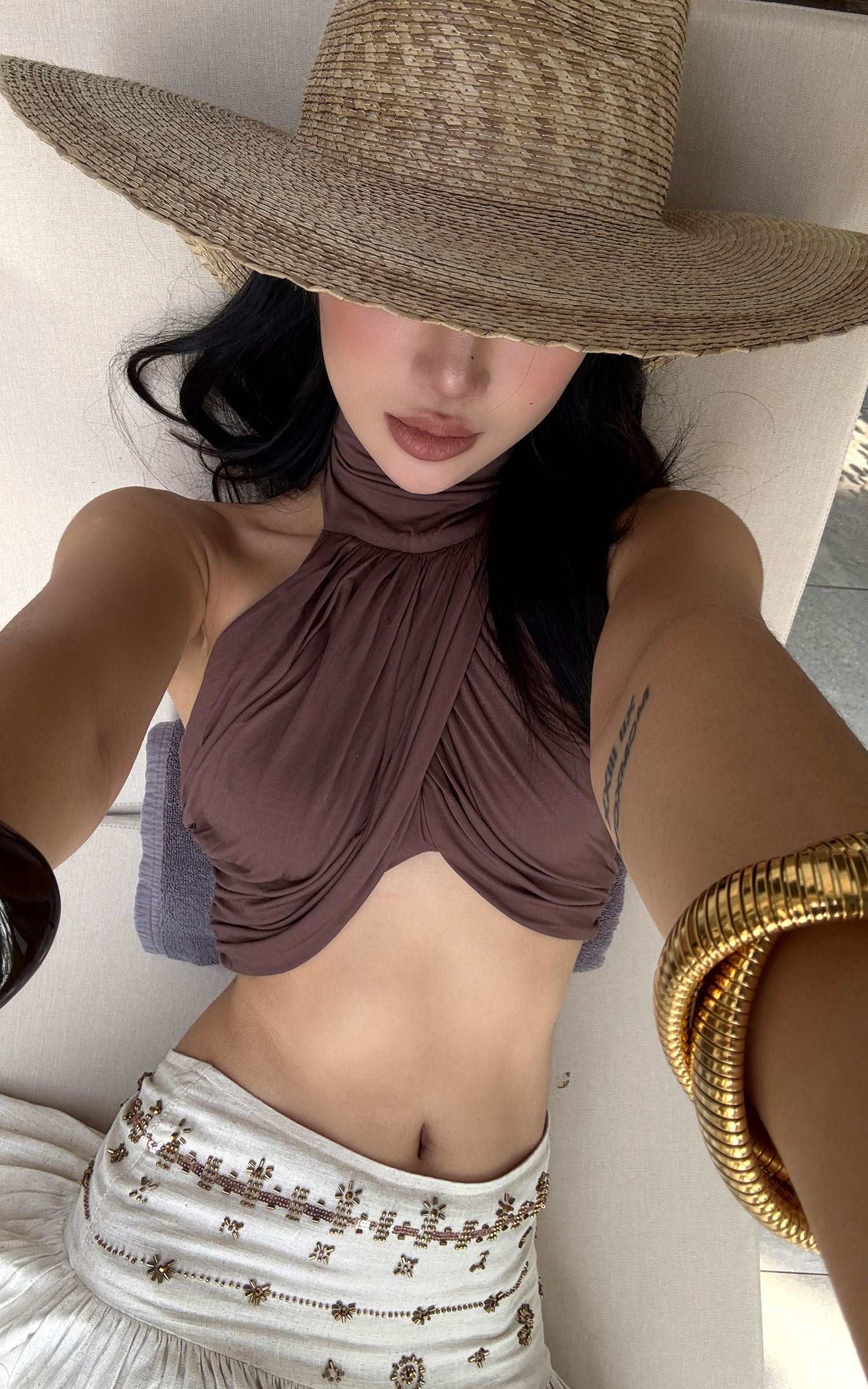 ROVENTE Cross-Drape Halter Top with High Neck Twist Detail - PINKPARKS