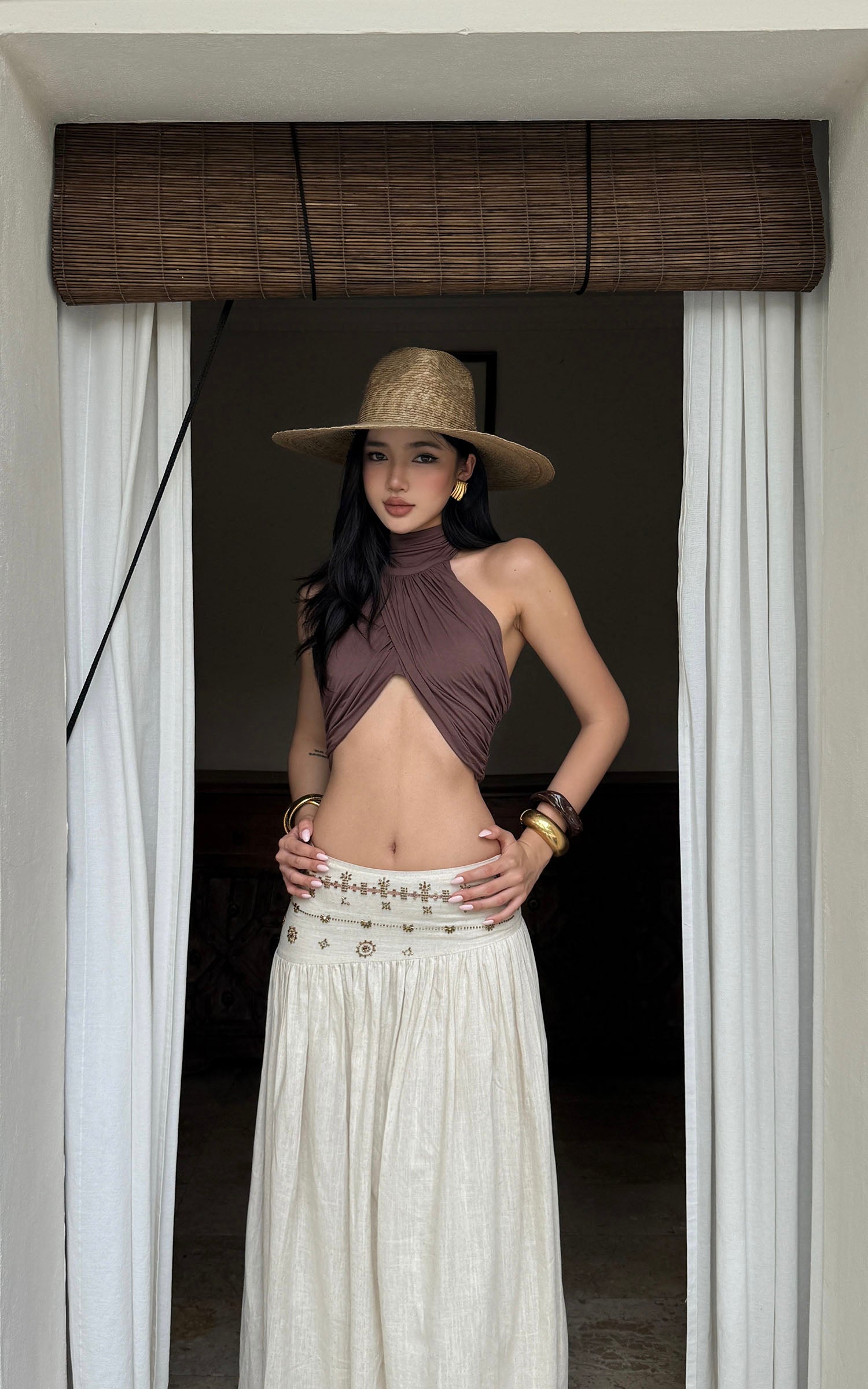 ROVENTE Cross-Drape Halter Top with High Neck Twist Detail - PINKPARKS