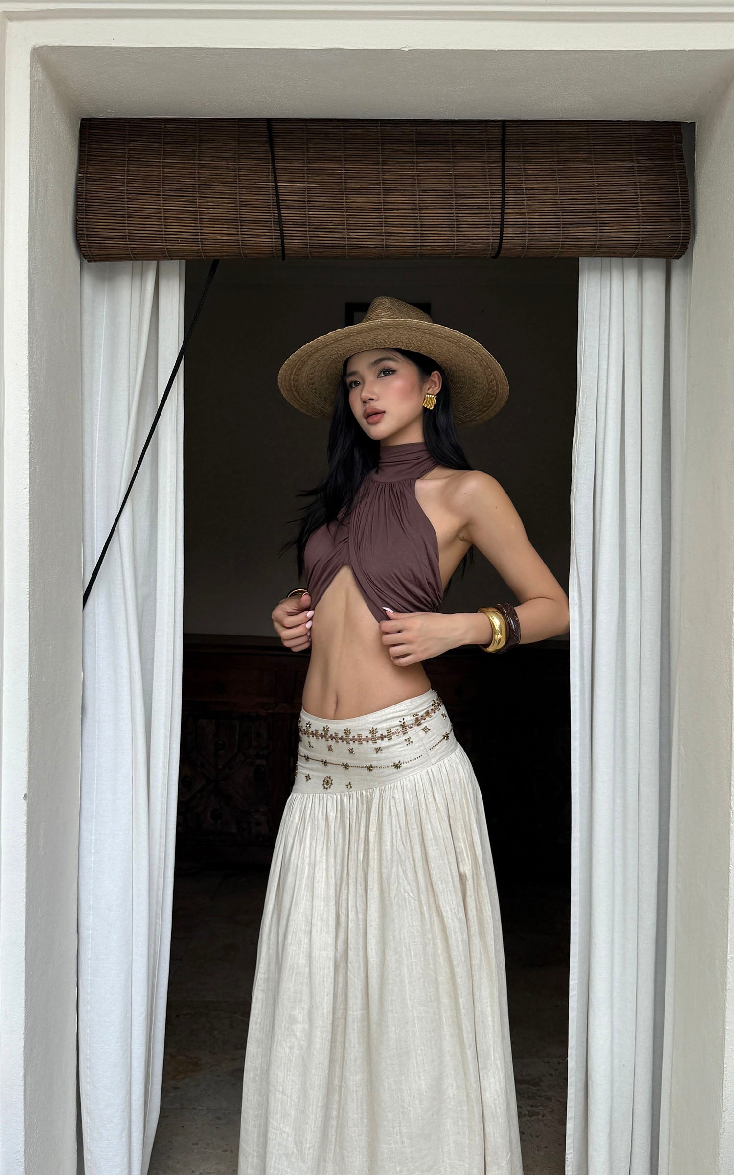 ROVENTE Cross-Drape Halter Top with High Neck Twist Detail - PINKPARKS