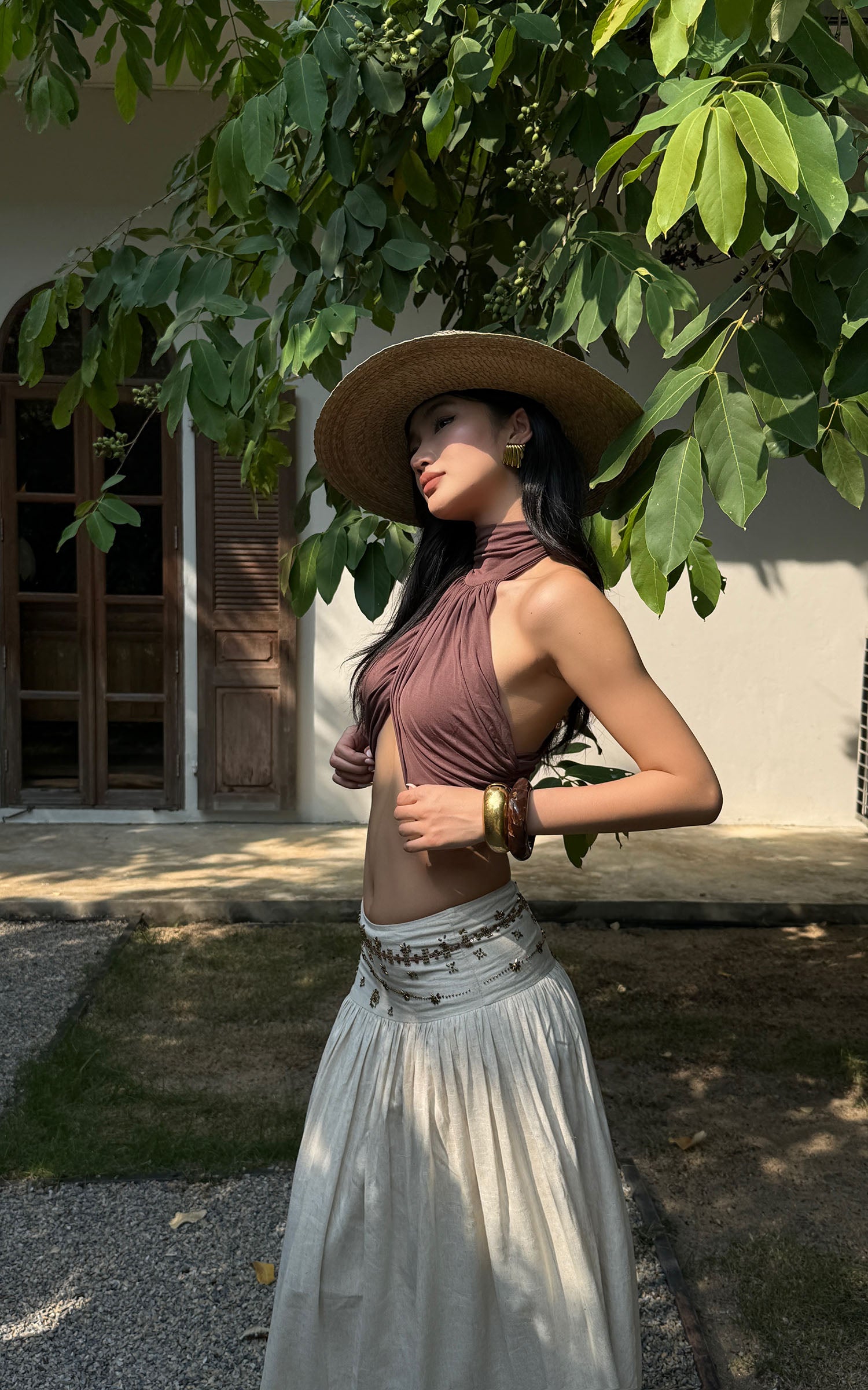 ROVENTE Cross-Drape Halter Top with High Neck Twist Detail - PINKPARKS