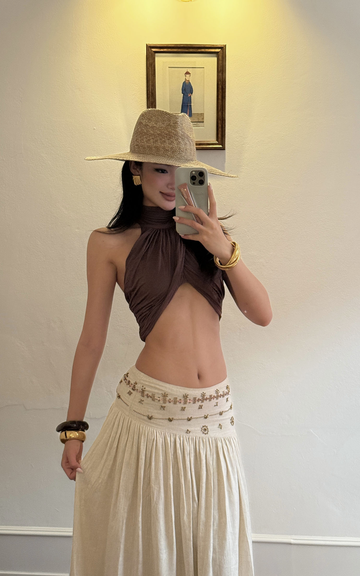 ROVENTE Cross-Drape Halter Top with High Neck Twist Detail - PINKPARKS