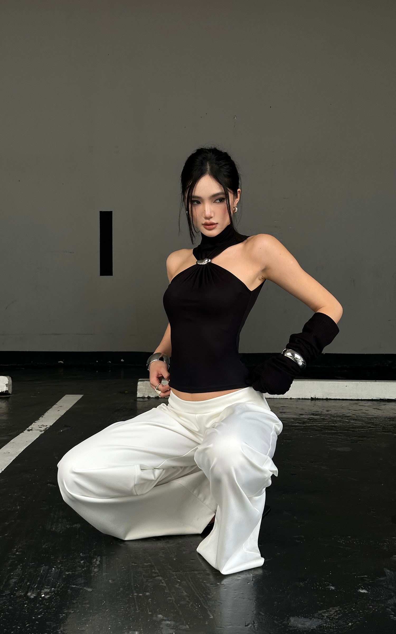 ROVENTE Black Halterneck Top with Metal Clasp - PINKPARKS