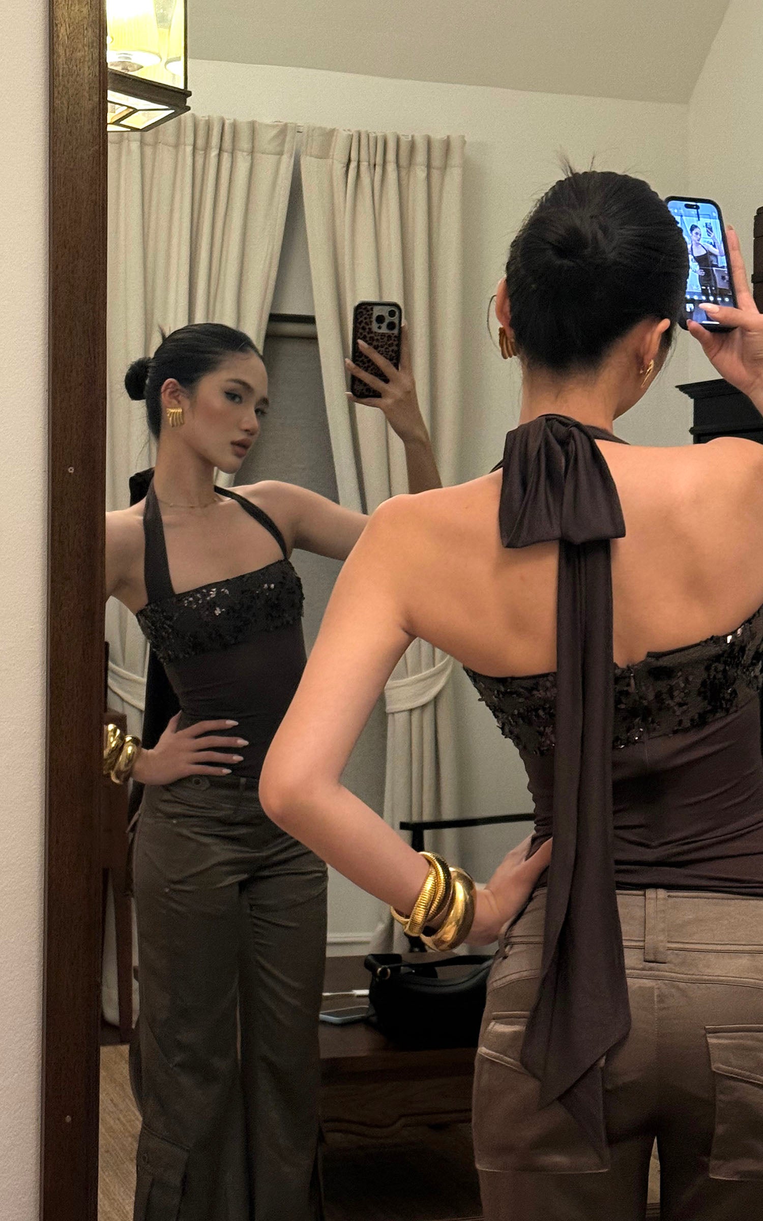 ROVENTE Sequin Halter Knit Corset Top with Tie Back in Mocha Brown - PINKPARKS