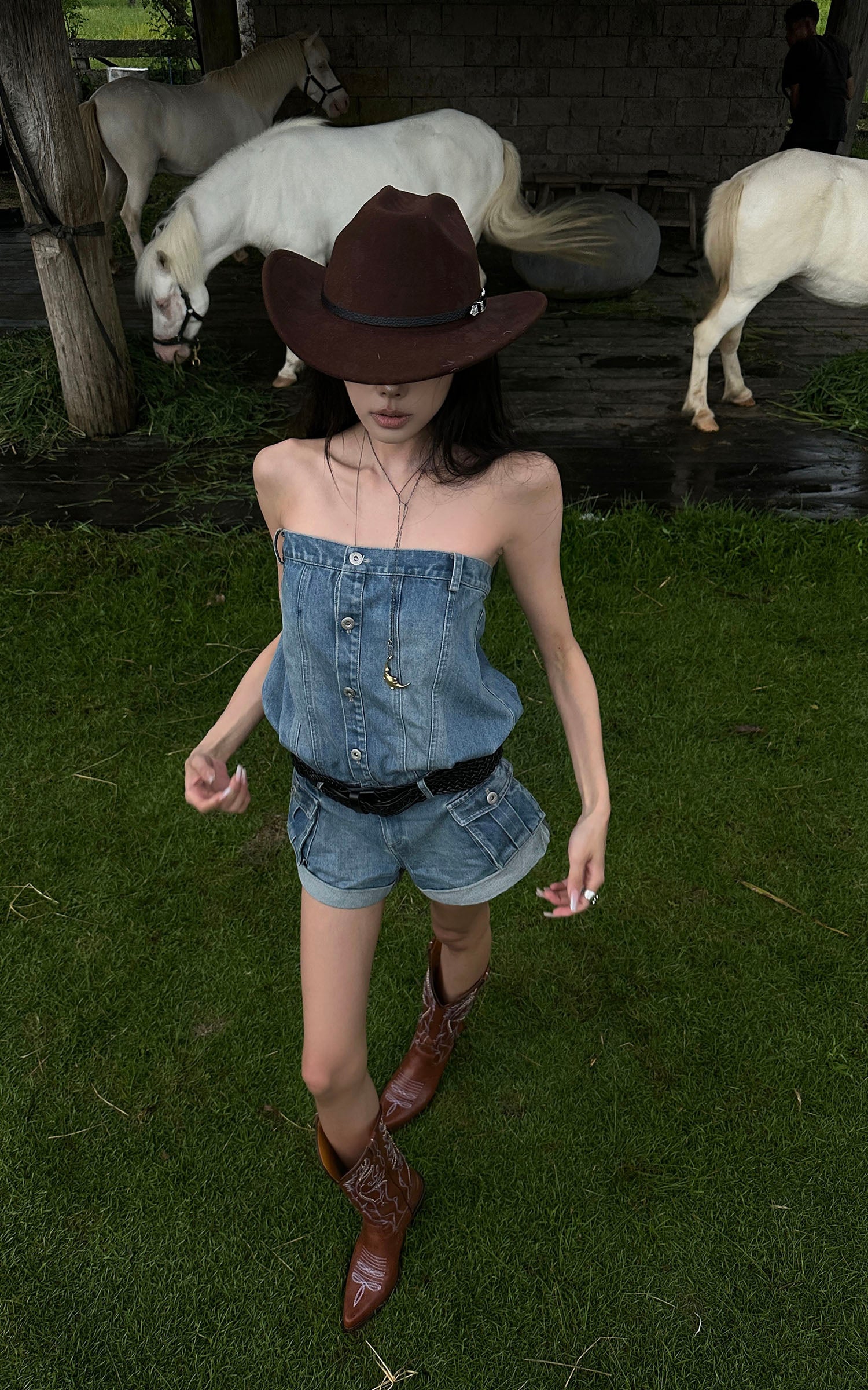 WARDEN EDGE Strapless Denim Utility Romper - PINKPARKS