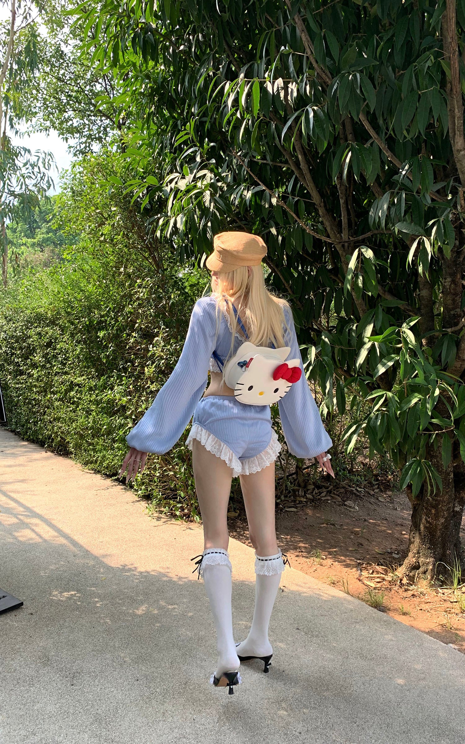 Rase le sol Lace Trim Lantern Sleeve Top & Shorts Set - PINKPARKS