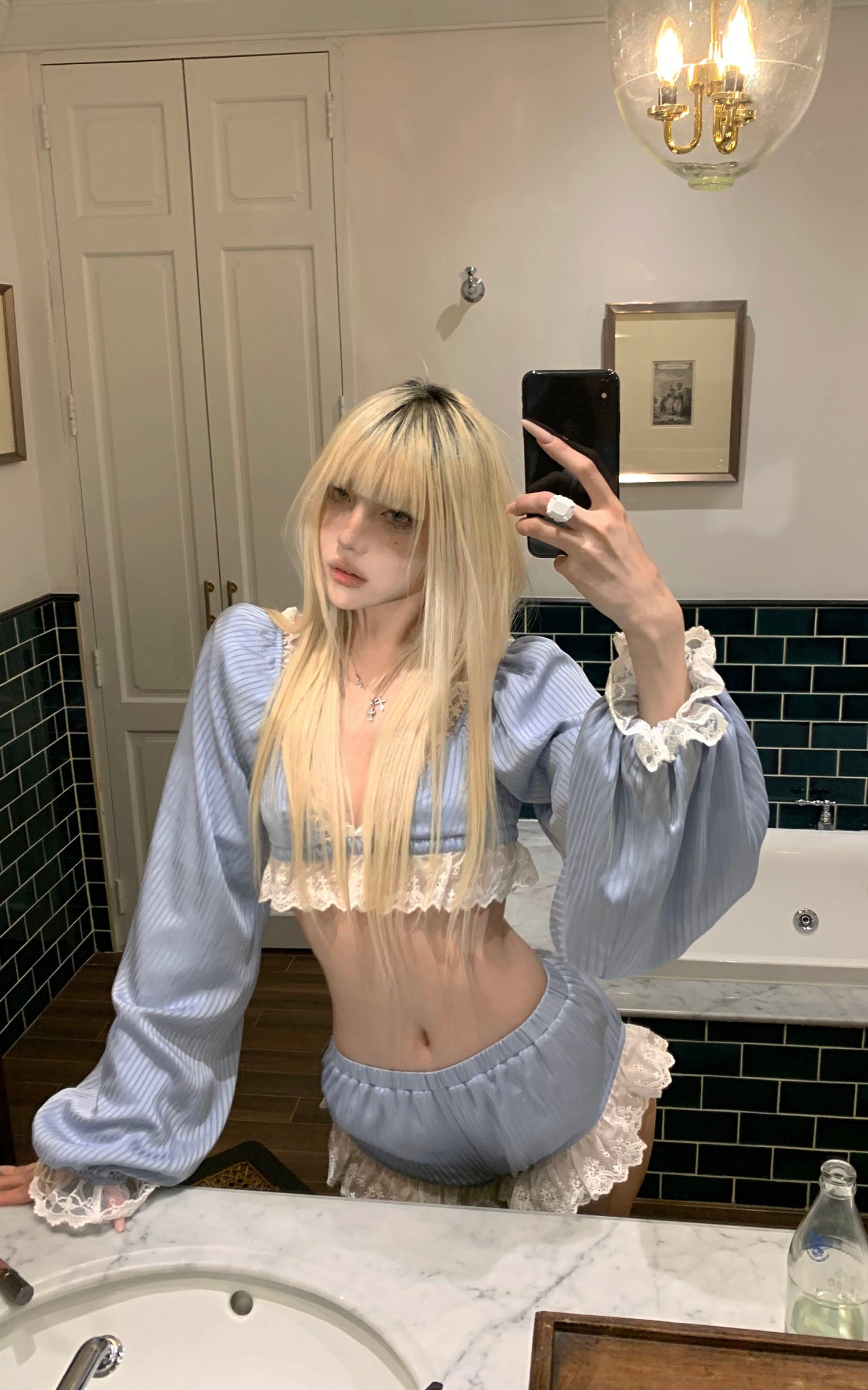 Rase le sol Lace Trim Lantern Sleeve Top &amp; Shorts Set - PINKPARKS