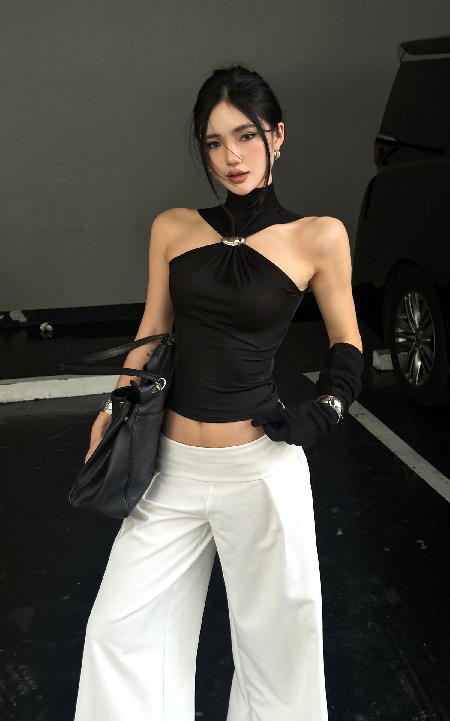 ROVENTE Black Halterneck Top with Metal Clasp - PINKPARKS