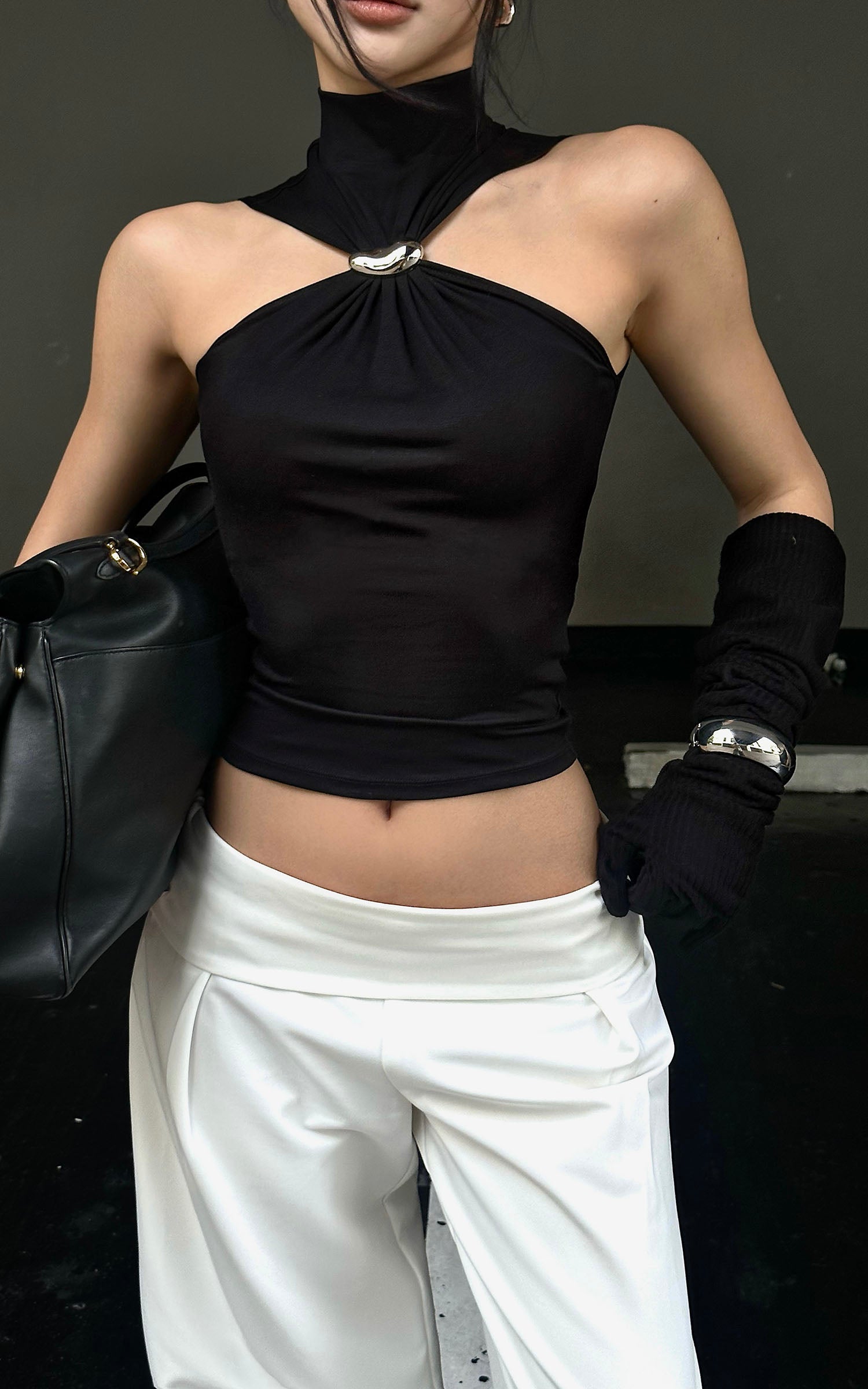 ROVENTE Black Halterneck Top with Metal Clasp - PINKPARKS